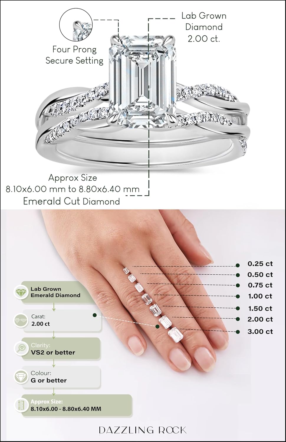 925 Sterling Silver Solitaire Interwined Engagement Ring Set for Women with 2.25 ctw, Emerald Cut (2.00 ct) & Round (0.25 ct) Lab Grown White Diamond or Cubic Zirconia