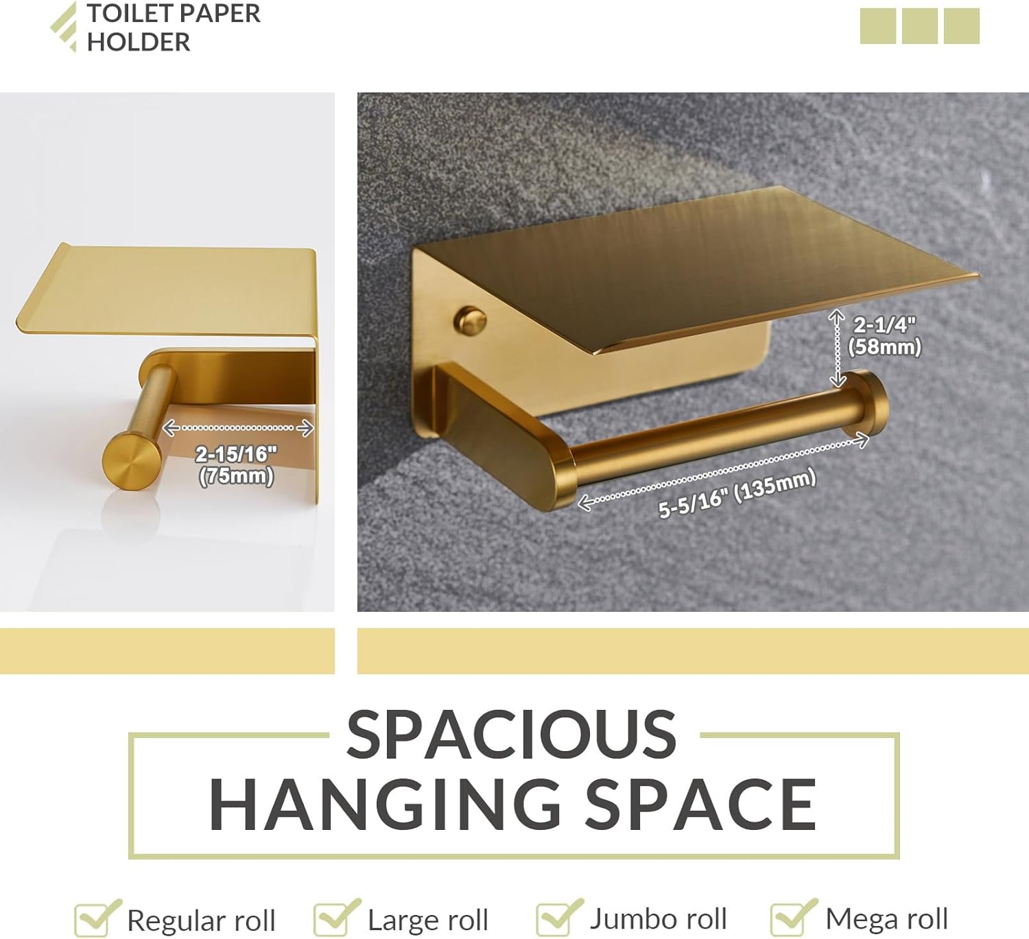 Toilet Paper Holder with Shelf, Coat Hook 2pcs Bundle, APLusee 304 Stainless Steel Wall Mounted Bathroom Accessories Brushed Gold