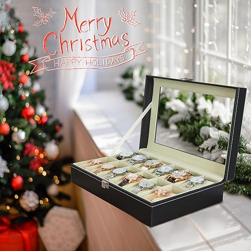 Miniatura 2 de Ohuhu Watch Case 12 Slot PU Leather Real Glass Lid Watch Box Watch Holder Organizer Display Storage Box Soft Velvet Jewelry Box for Men and Women