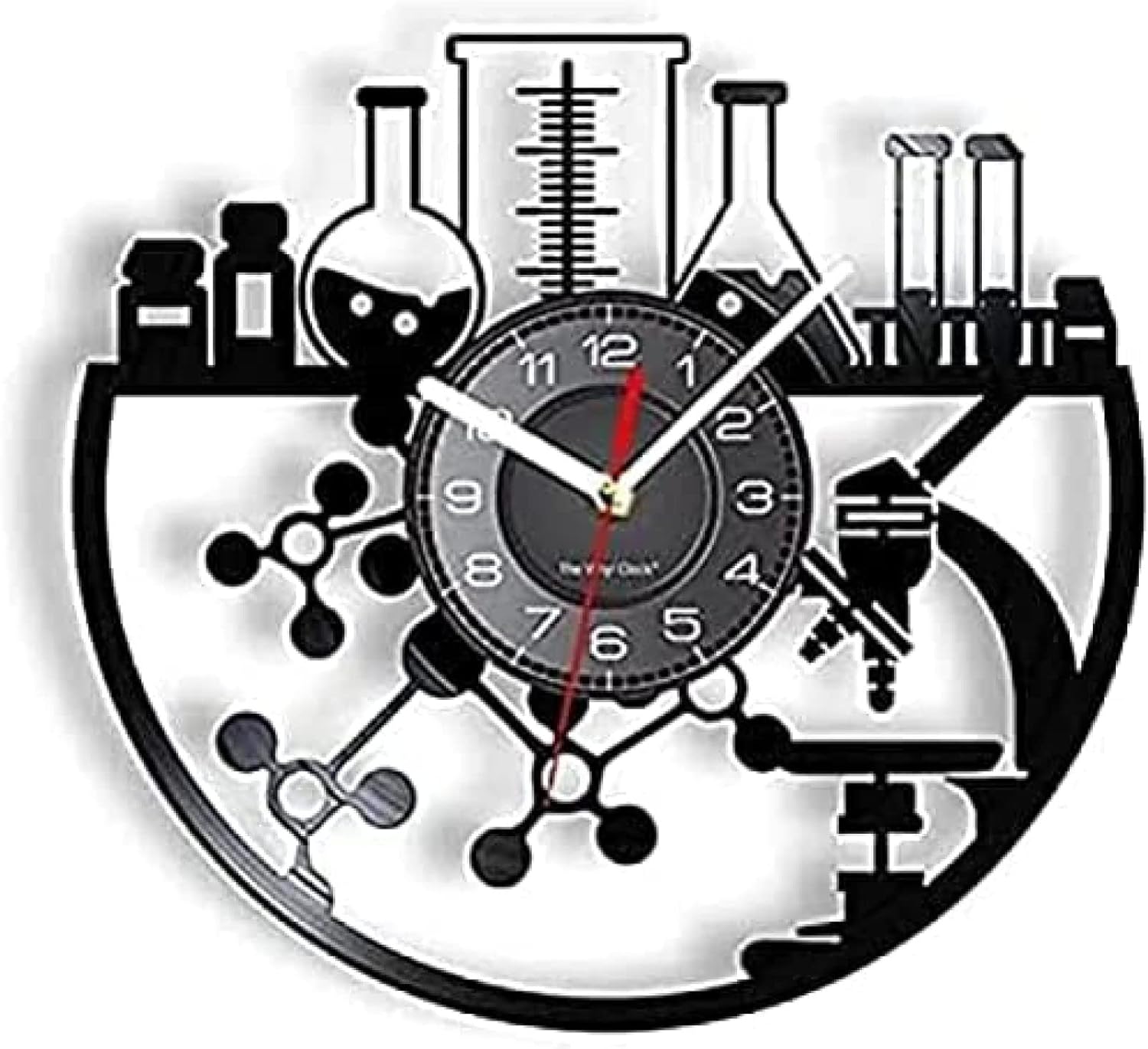 Round Wall Clock Chemical Experiment Vinyl Chemistry Microscope Bunsen Burner Retro Wall Watch Laboratory Science Decor Watch Decorative Gift
