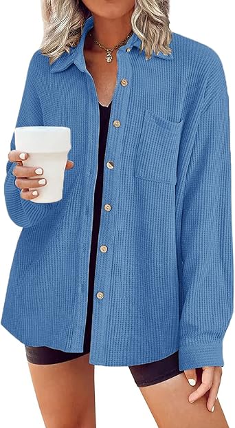 HOTOUCH Waffle Button Down Shirts for Women Dressy Casual Work Shacket V Neck Long Sleeve Lightweight Tops with Pocket