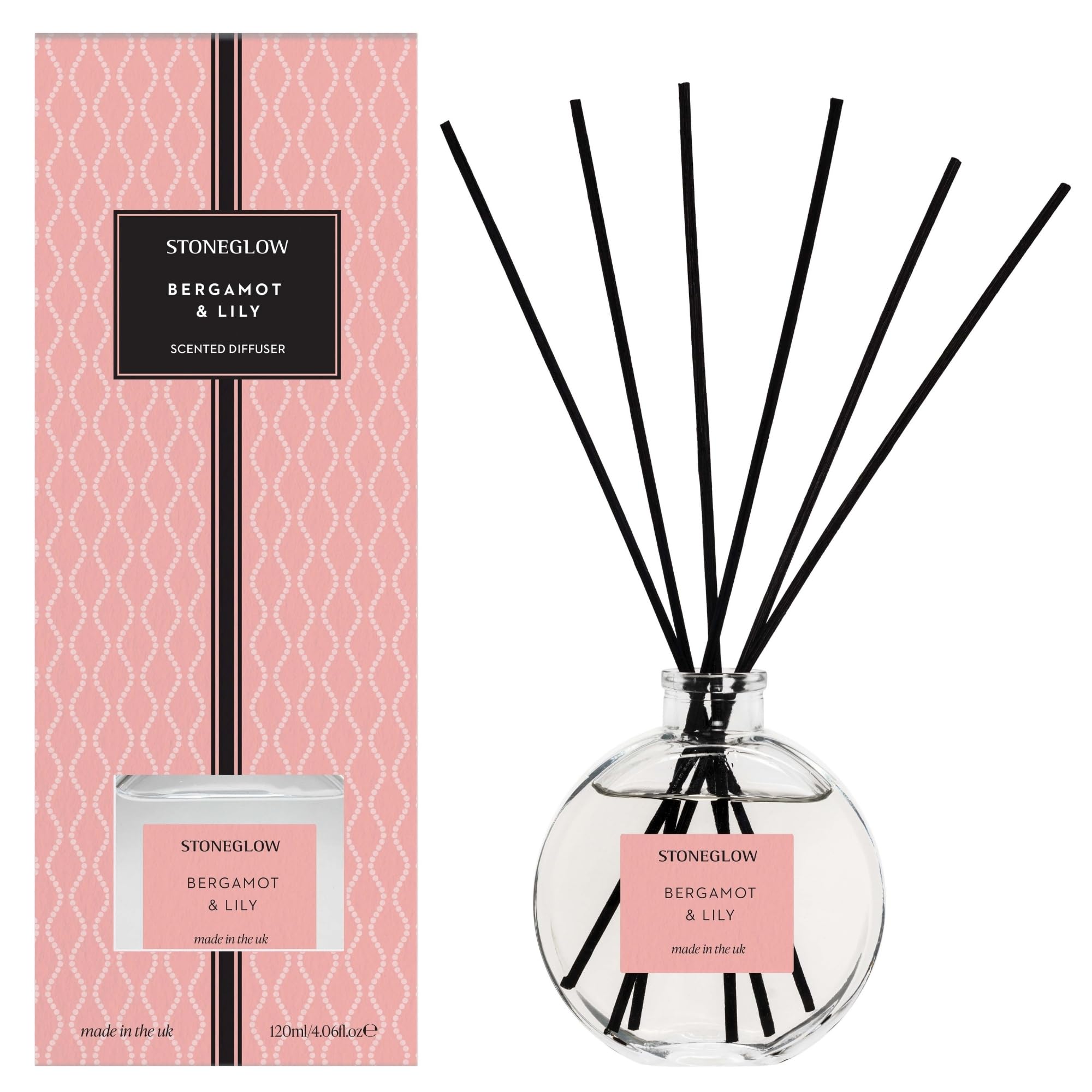 Stoneglow Clear Pink The Signature Bergamot & Lily Scented Reed Diffuser 120Ml - Jasmine, Rose & Musk Notes, Lasts 10 Weeks, 12 Rattan Reed Diffuser Sticks, Refillable & Reusable, Premium Home Air Freshener