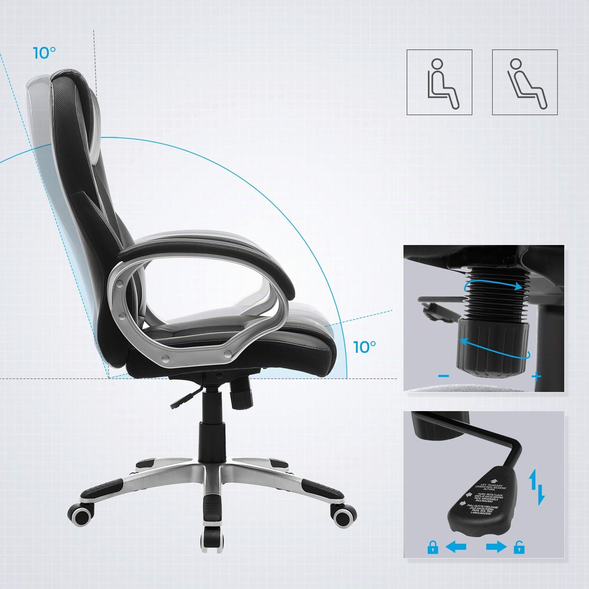 SONGMICS Fauteuil Gamer Ergonomique Pivotant Hauteur Réglable avec Roulettes Noir 73 x 70 x 122 cm