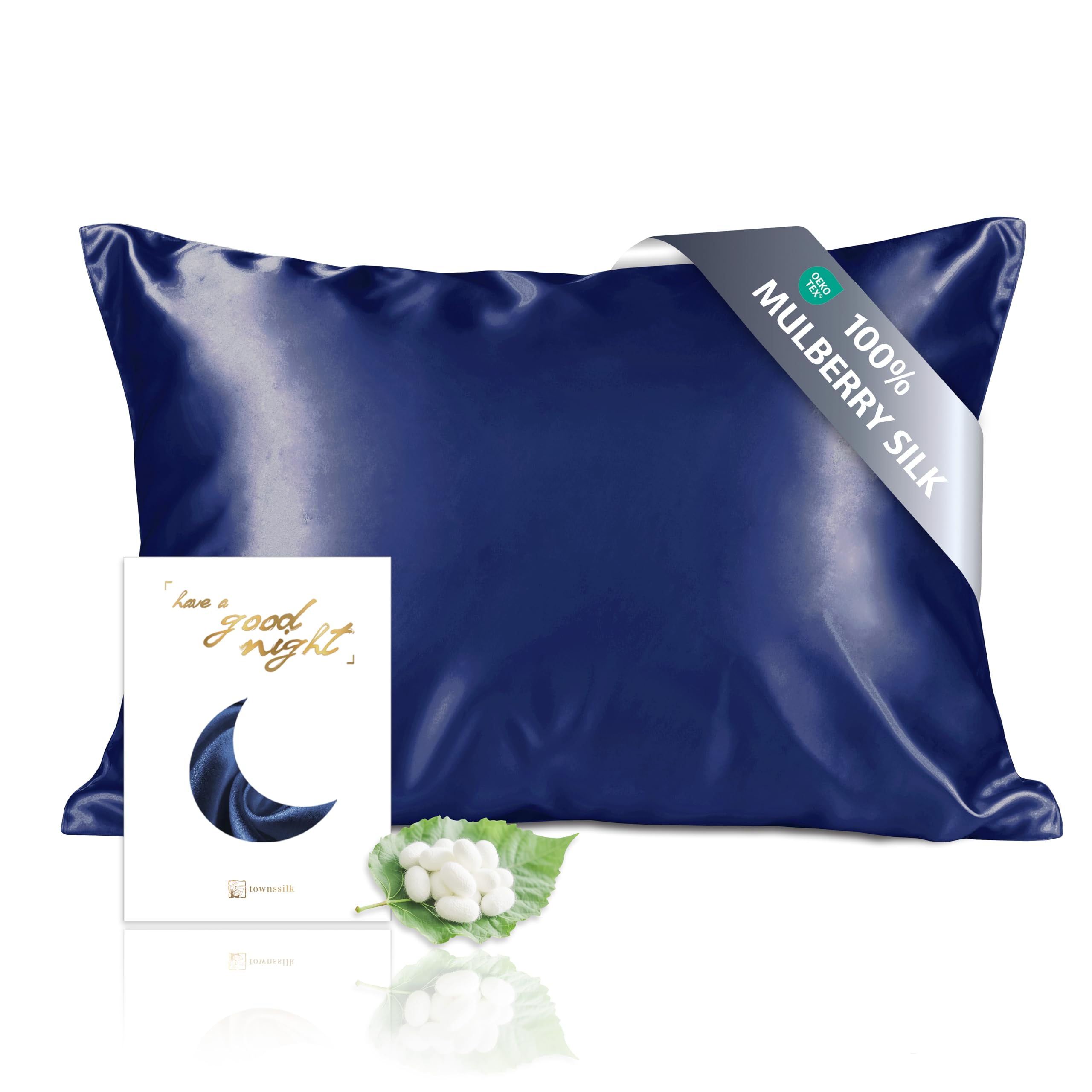 townssilk Federa seta cuscino,100% naturale seta di gelso 19momme,doppia faccia,benefica per capelli e pelle,ipoallergenica,cerniera nascosta,1 pz,50x80cm,Navyblue