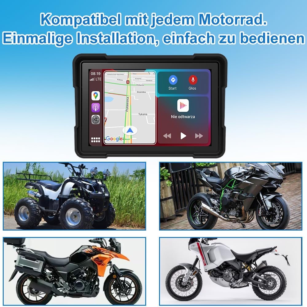 Motorrad Navi Navigationsgeräte Wireless CarPlay Android Auto Portable Motorräder mit Front und Rückansicht Recorder, 5 Zoll Touchscreen wasserdicht GPS Navigation für Motorrad mit 64GB TF-Karte