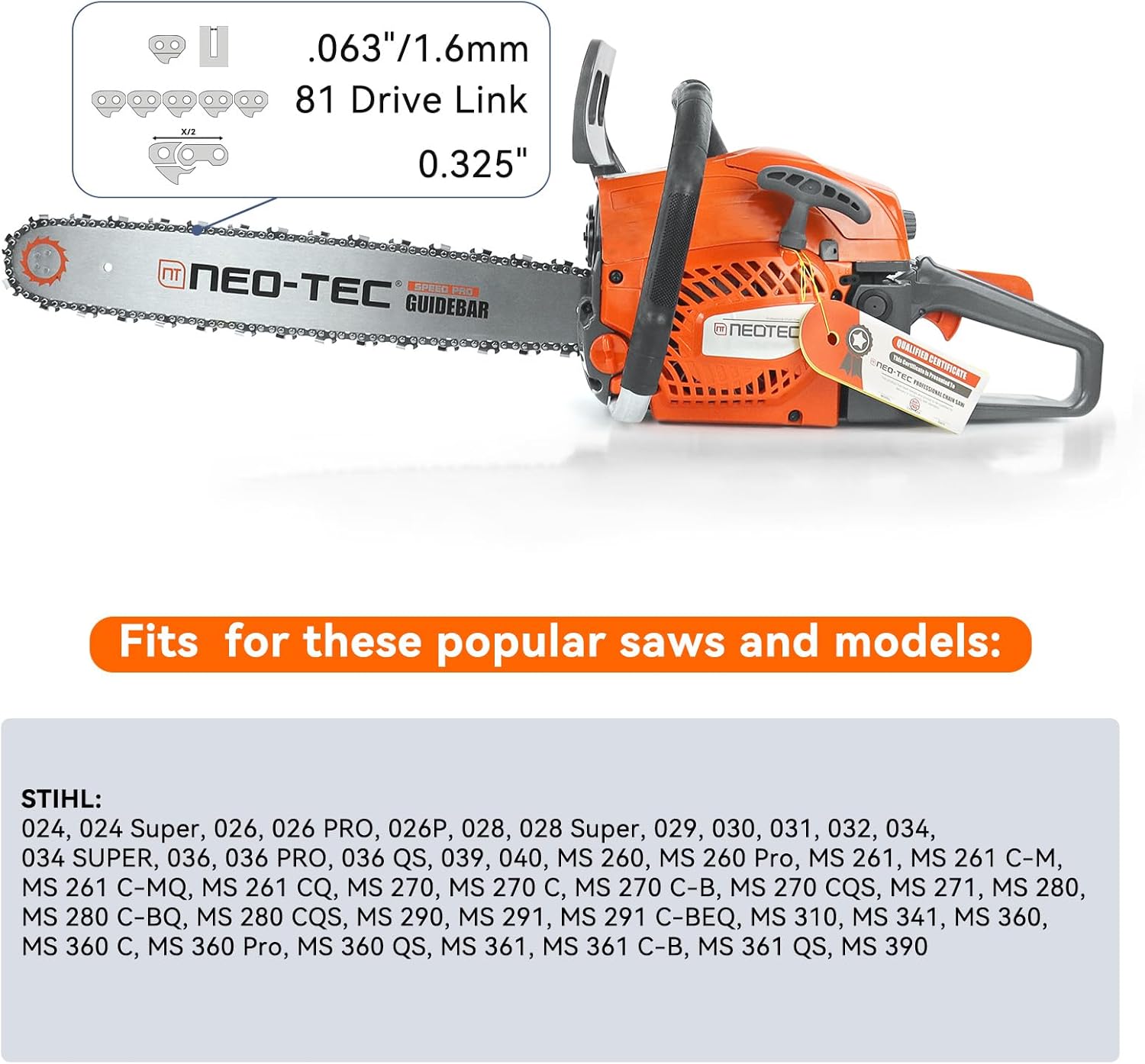 NEO-TEC 20 Inch Chainsaw Chain 0.325" Pitch, 0.063" Gauge, 81 Drive Links Fits For MS291, MS271, MS261 and More- 26RS81, 26RM381 (3 Chains)