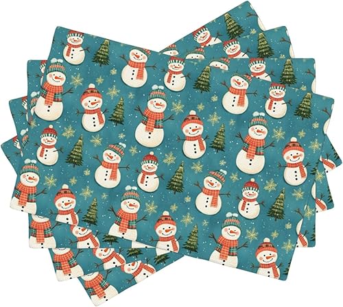 Dining Table Placemats Set of 4-12x18 Inch Cute Snowman Christmas Tree Print Faux Linen Double Heat Resistant Place Mats, Kitchen Table Mats,