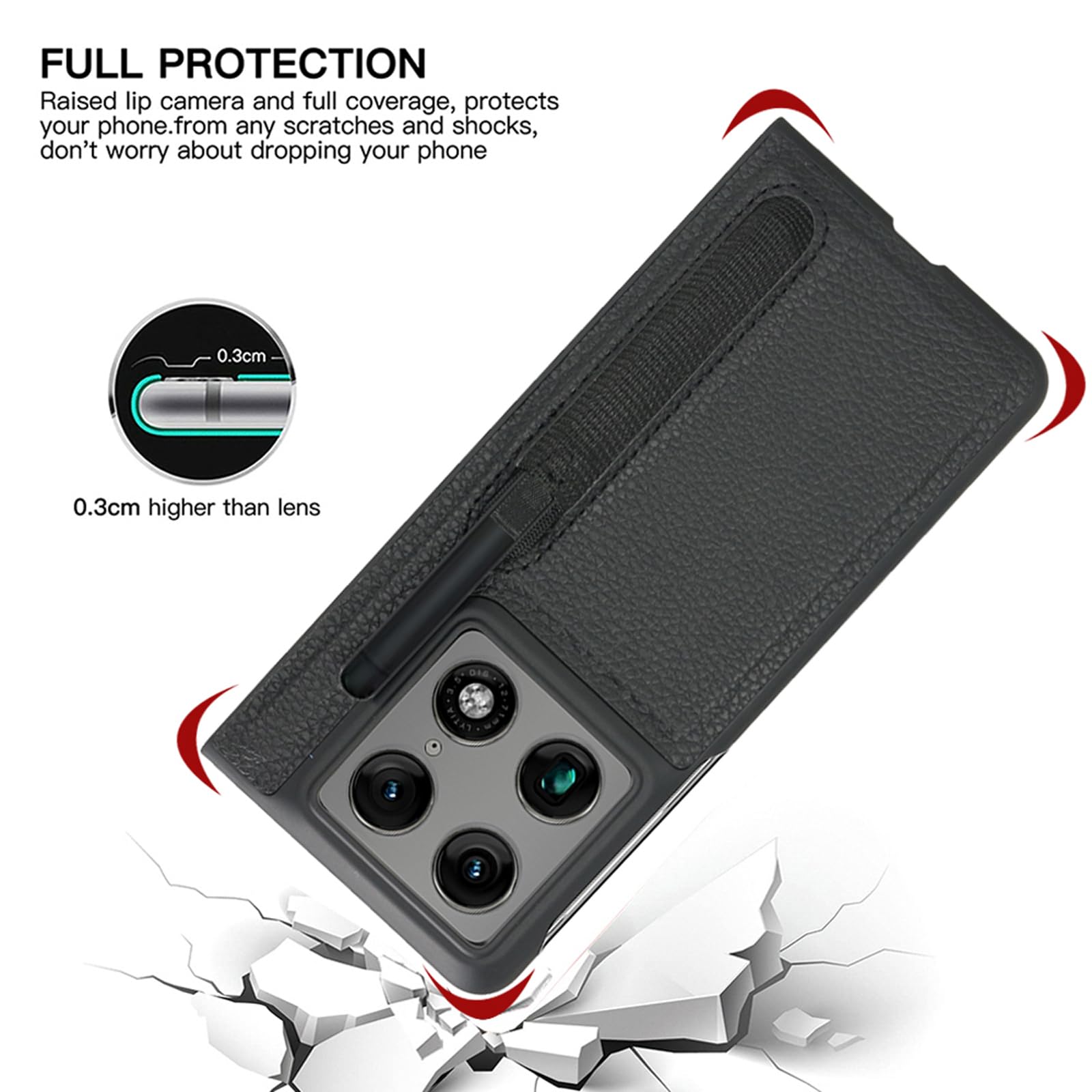 Custodia in pelle per Motorola Moto Razr Fold, con slot per penna e protezione per lo schermo anteriore, custodia rigida in policarbonato antiurto (nero)