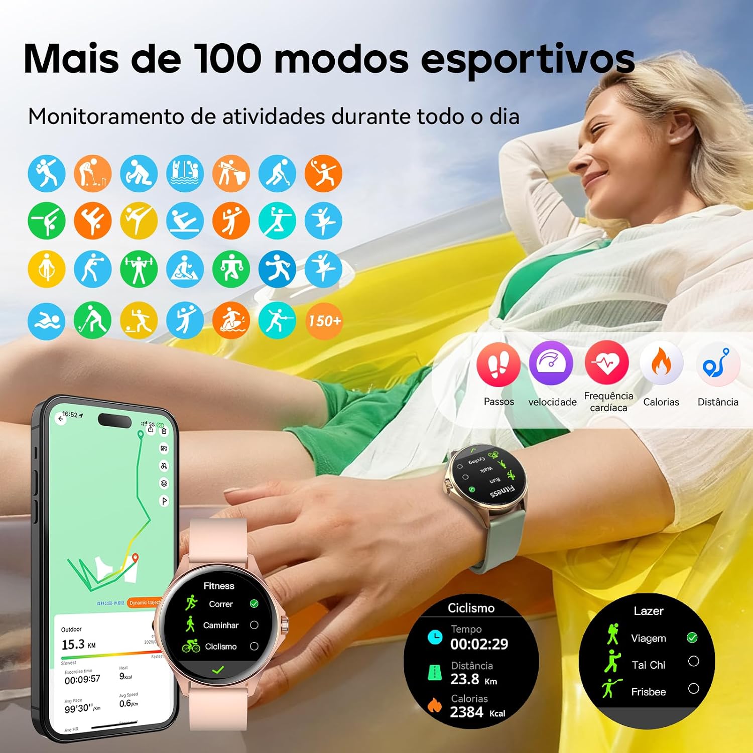 Smartwatch Feminino Relógio Inteligente com IA Chatgpt, 1.32’’ AMOLED,iOS Android, IP68 Água, Frequência Cardíaca, Monitor de Sono, 100 Esportes, 2 Pulseiras