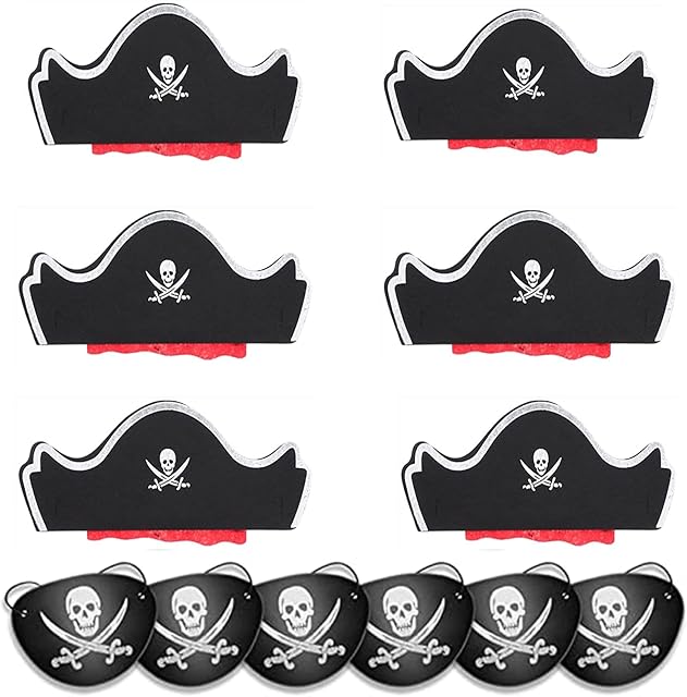 12 Pcs Pirate Hat and Eye Patch Set Skull Print Pirate Hat Eye Patches Set Classic Pirate Hat Skull Print Eye Mask for Adults Kid's Halloween Christmas Pirate Masquerade Party Cosplay