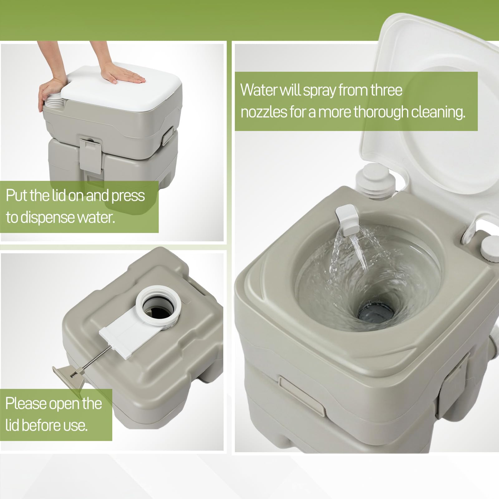 Outvita Tragbare Toilette für den Außenbereich, 1,5 l Abfalltank, Porta-Töpfchen mit Druckpumpe, Doppelauslass, auslaufsichere Clips für Camping, Reisen, Wohnmobil, Boot, LKW