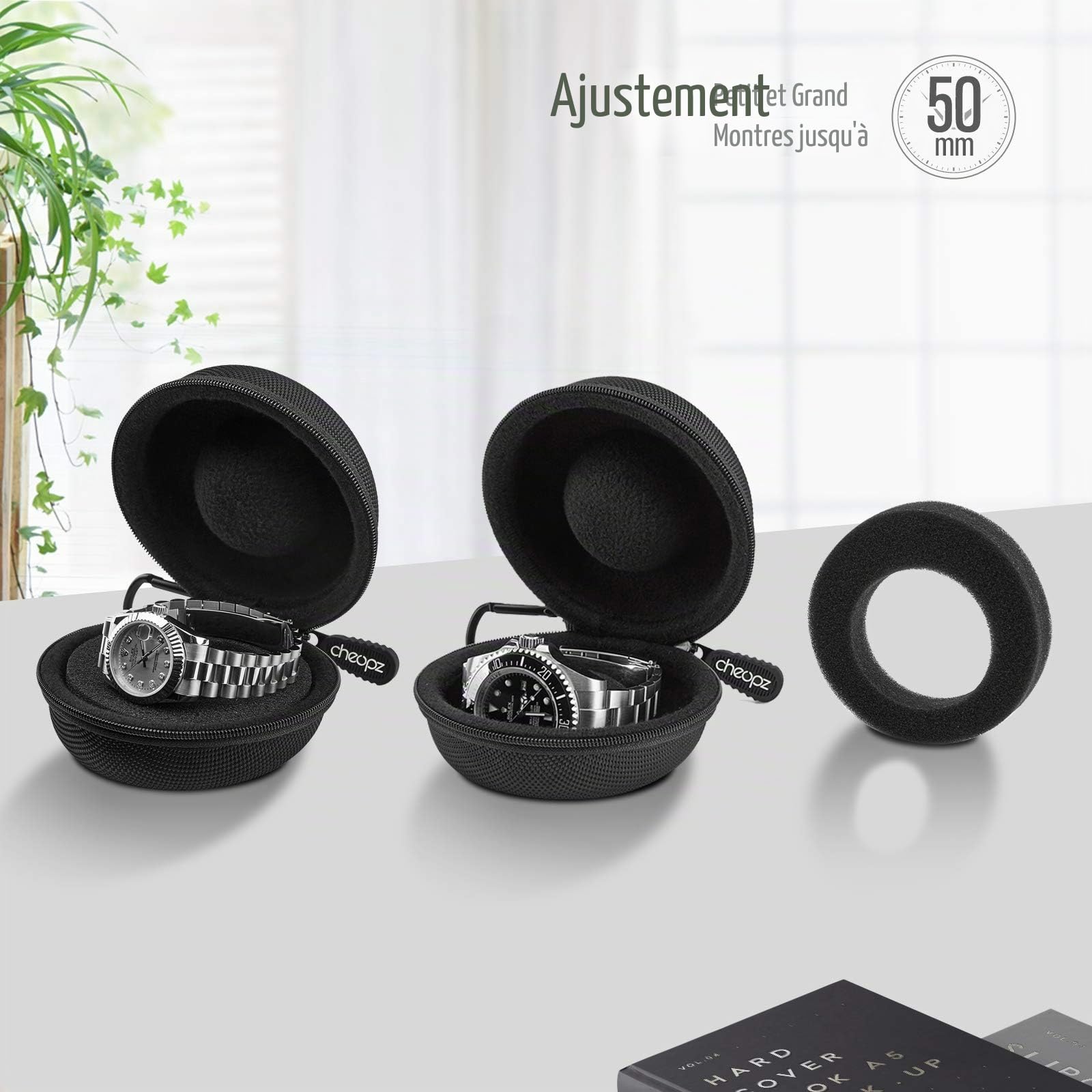 Cheopz Boîte de Rangement de Voyage pour Montres-Bracelets et Montres Intelligentes jusqu'à 50mm, Noir