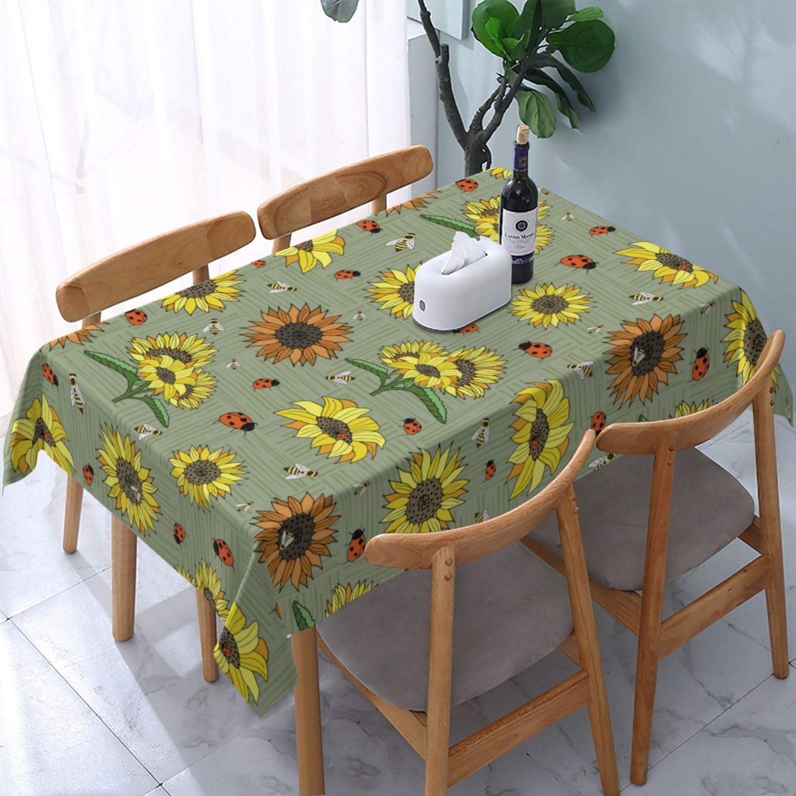 JunHeArt Cute Bee And Sunflower Pattern Tablecloth Rectangle Table Cover Washable Table Cloths Decor For Kitchen 54" X 72"