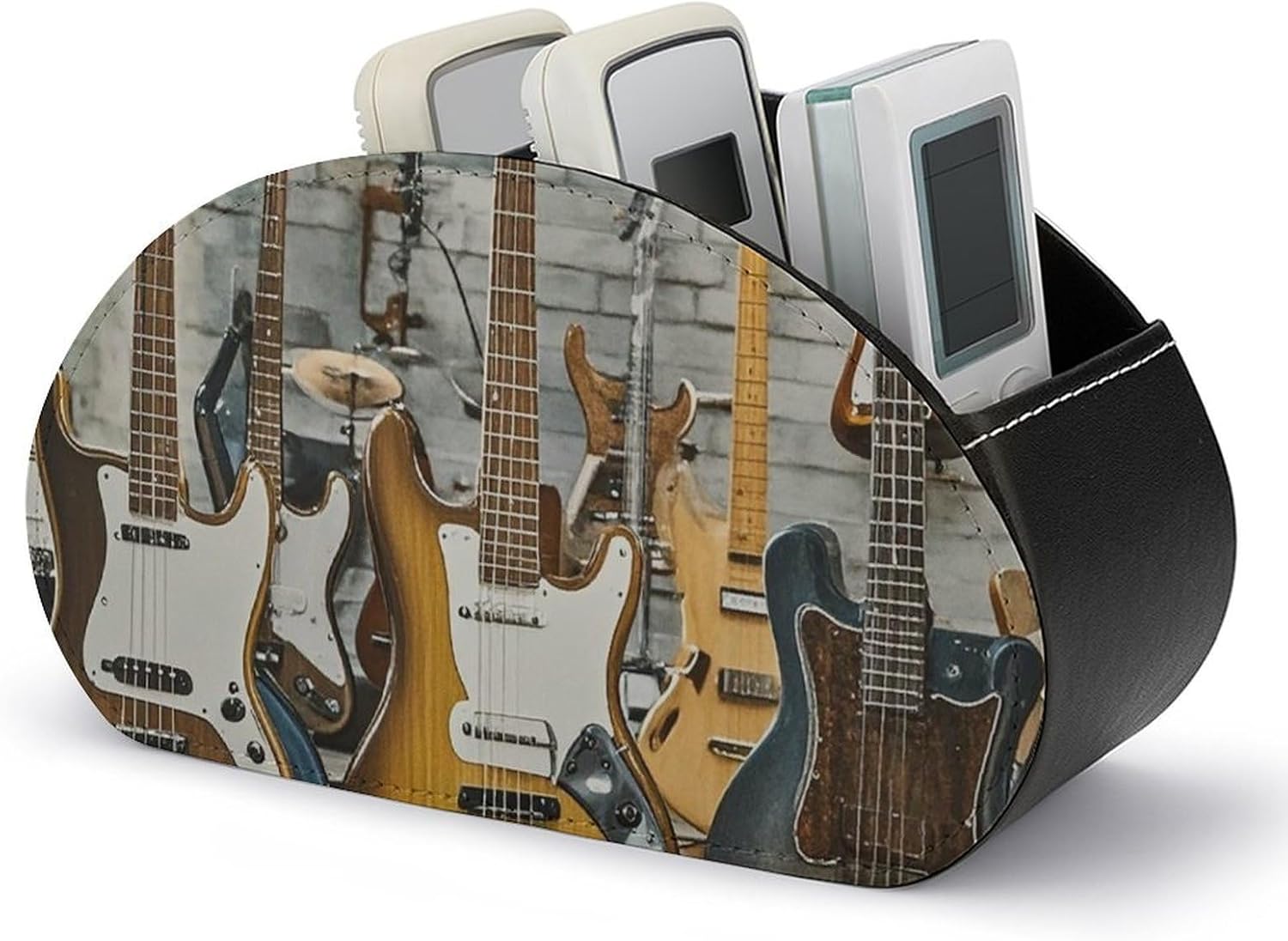 Tv Guitar Bass Musical InstrumentRemote Control Holder with 5 Compartments PU Leather Remote Caddy Organizer Box Multi-functional Desktop Organizer for Living Room Office Supply