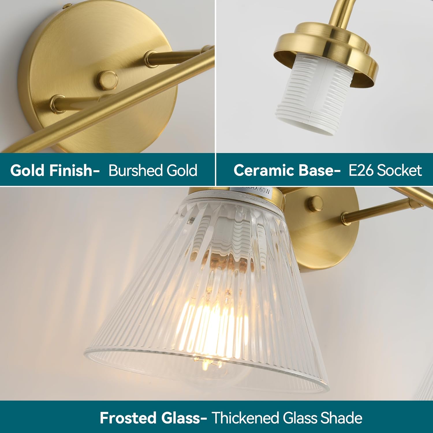 Modern Bronze Bathroom Vanity Light, 2-Light Wall Sconce with Clear Ribbed Glass Shades, Farmhouse Industrial Light Fixture for Bathroom, Vanity Mirror, Powder Room, Hallway (bronze, Eletroplate, 2)