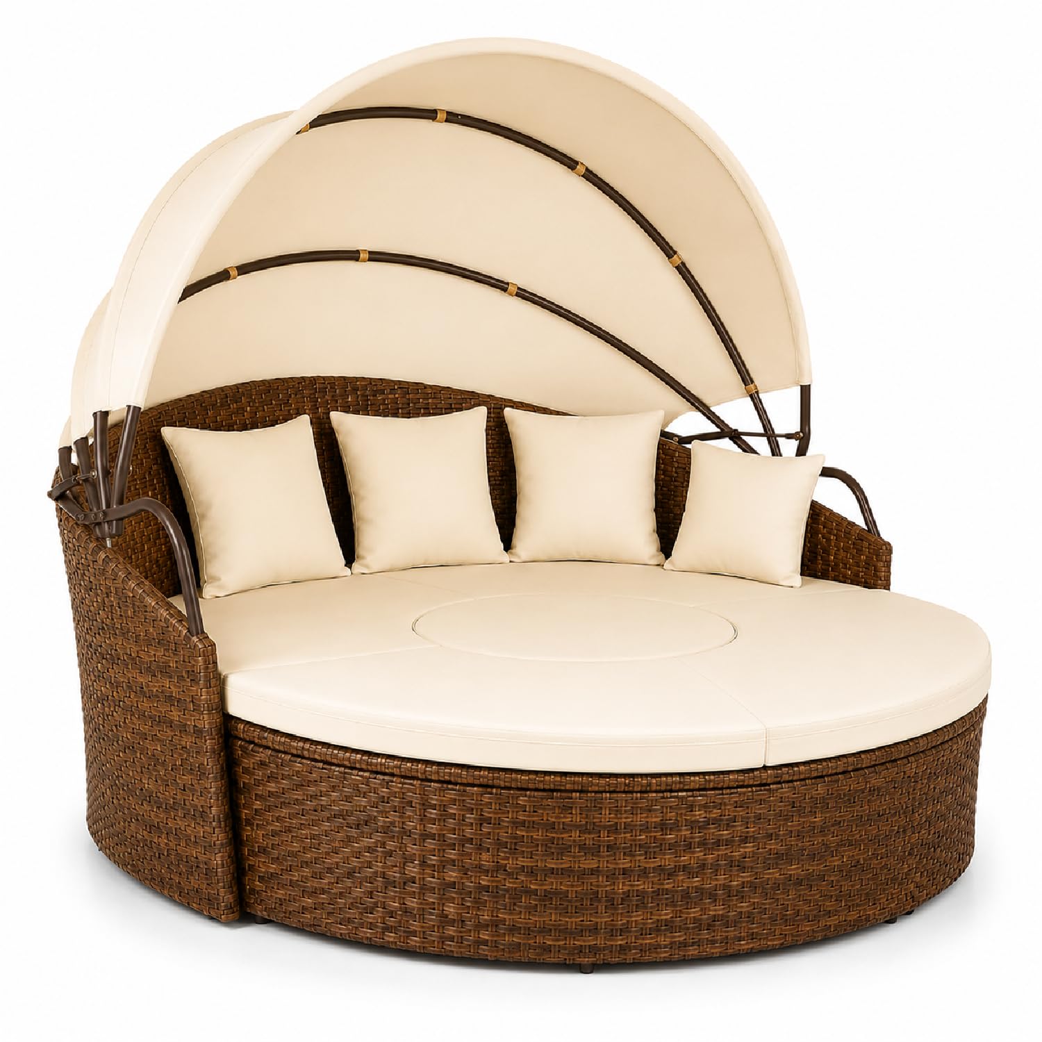 MEGAOFFERTE Isola Prendisole Modulare In Polyrattan Con Tettuccio Parasole Divano Da Giardino Trasformabile Con Tavolino Integrato 4 Cuscini Telaio In Acciaio Resistente Ai Raggi UV Beige E Marrone