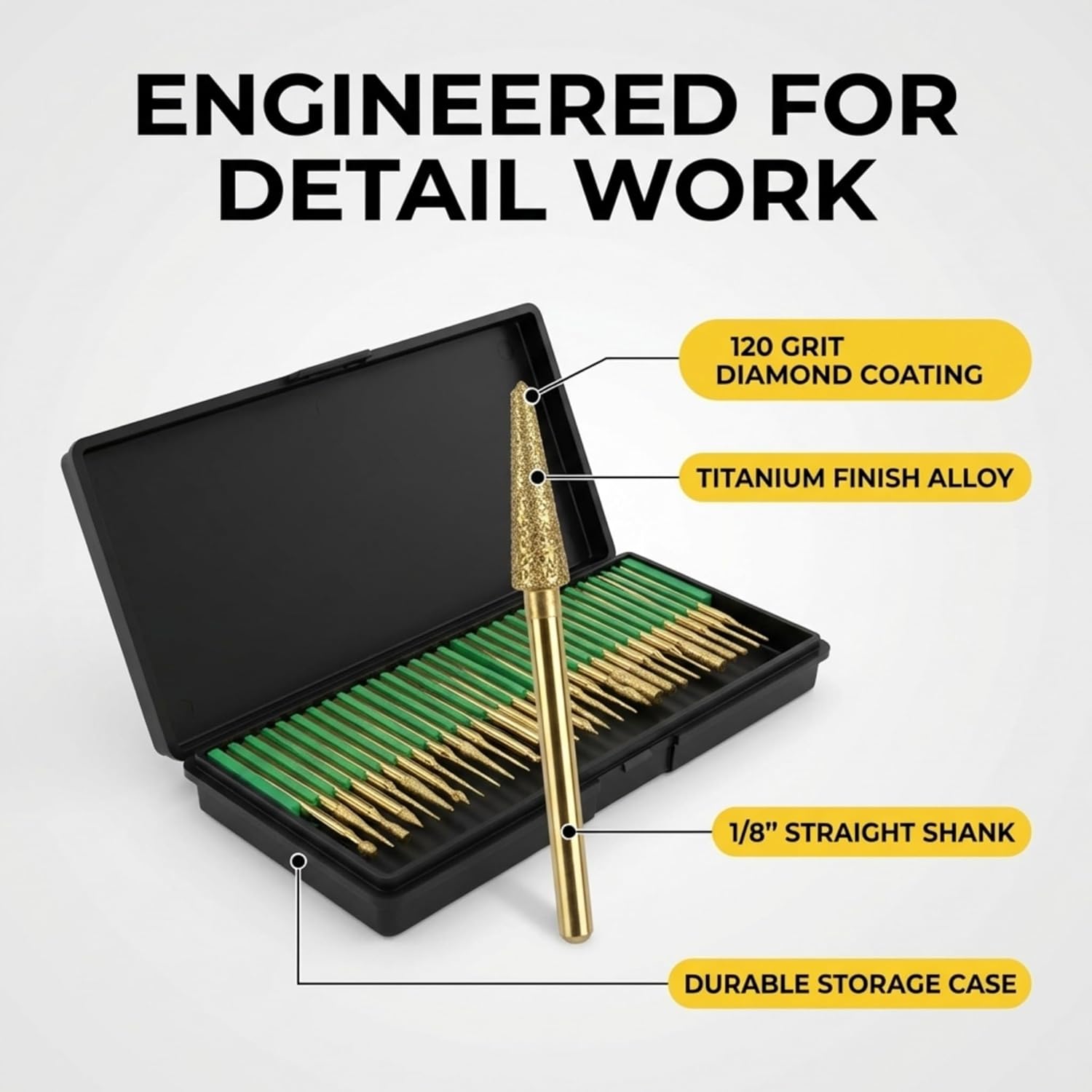 Drilax 30 Pc Diamond Rotary Tool Bits Set, 120 Grit Engraving Carving Kit, 1/8 Inch Shank Compatible with Dremel, Diamond Burrs for Stone Glass Jewelry Making Etching