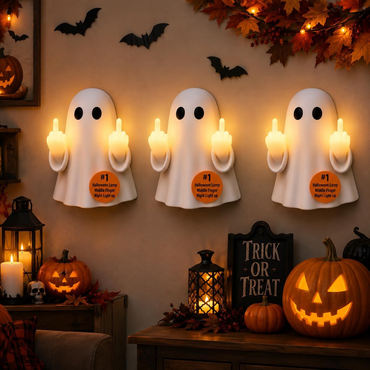 Halloween Night Light Middle Finger Ghost – 3D LED Ghost Lamp with Remote Control, Spooky Desk Decor,3