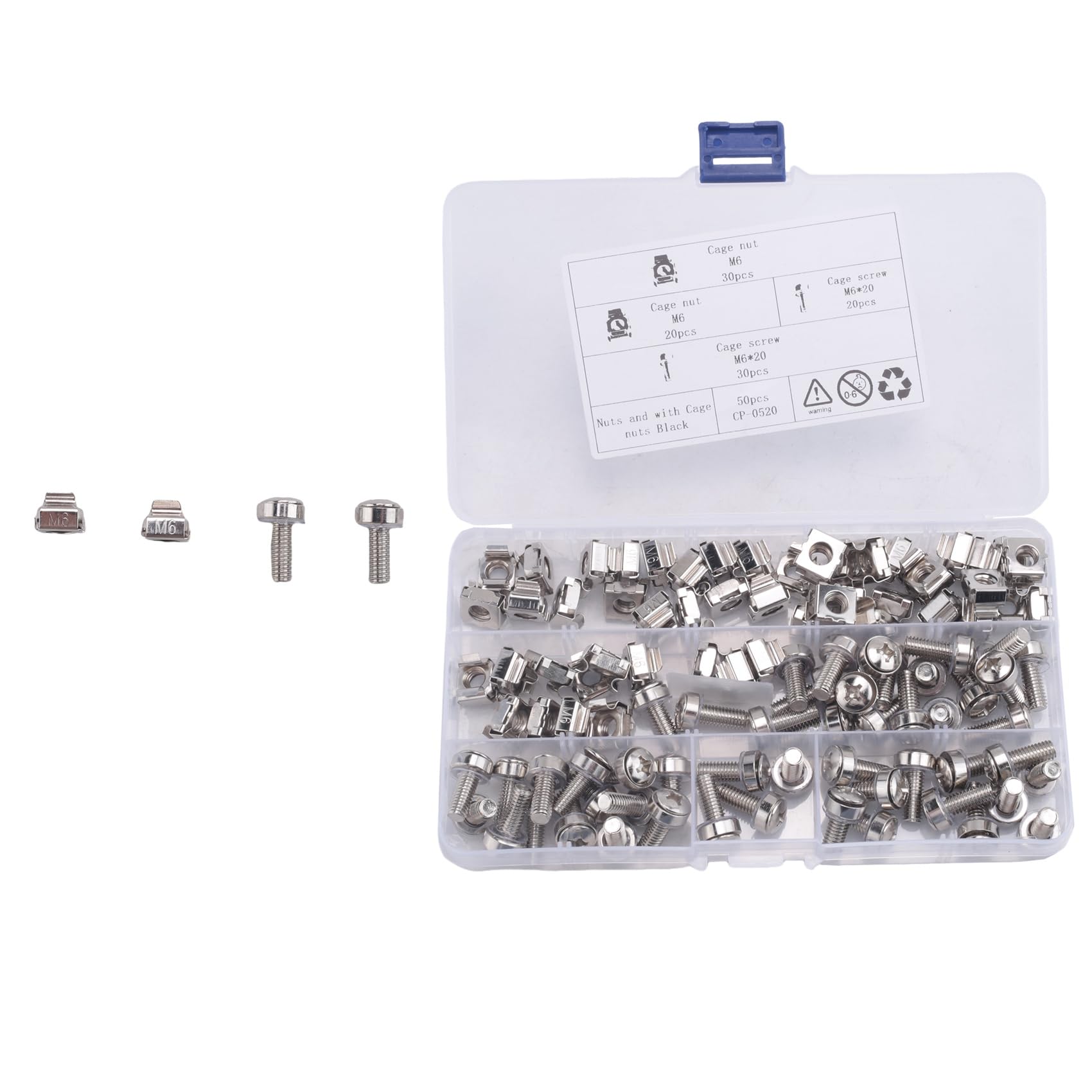 rirue 50 Sets M6 Square Hole Hardware Cage Nuts&Mounting Screws Washers for Server Rack and Cabinet(M6 X 20Mm)(+Washer+Cage Nut)