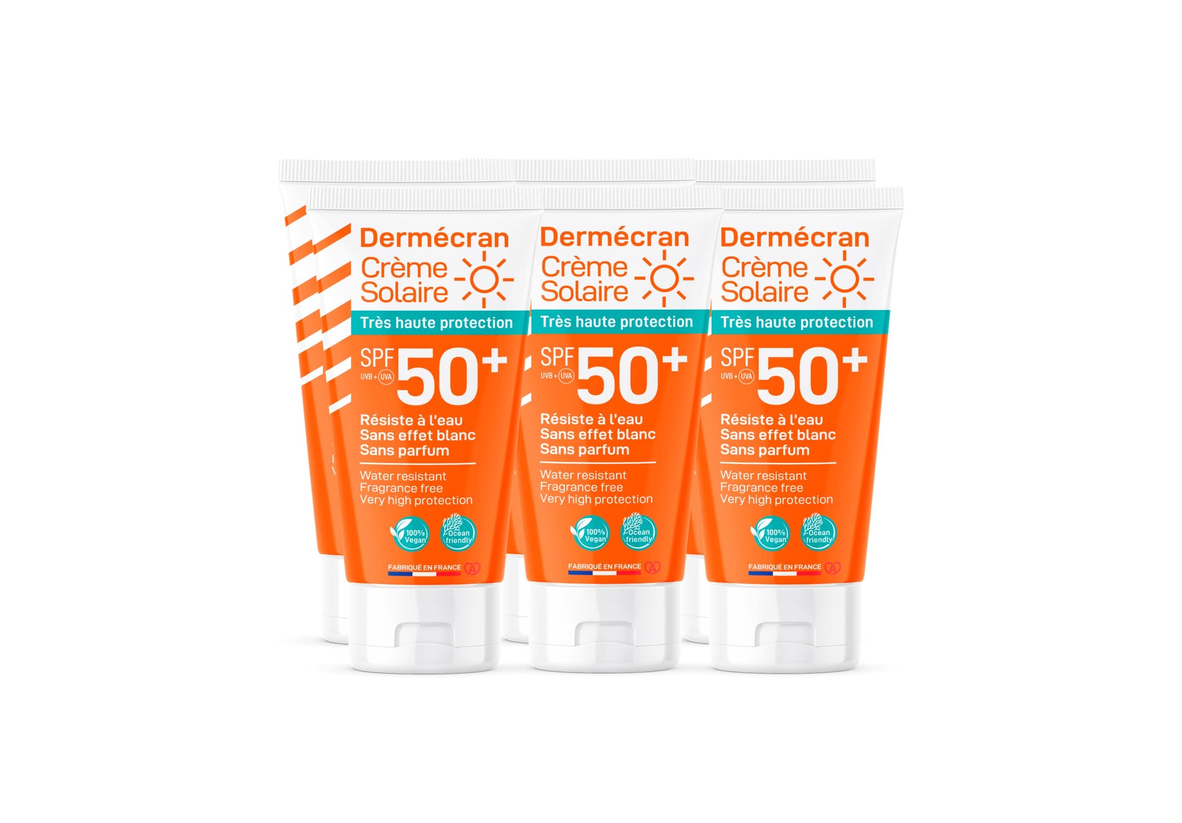 Lote de 6 - Dermecran - Protector solar SPF50+ - Cara y cuerpo - Fórmula vegana & Ocean Friendly - Resistente al agua - Para toda la familia a partir de 3 años - Tubo de 50 ml