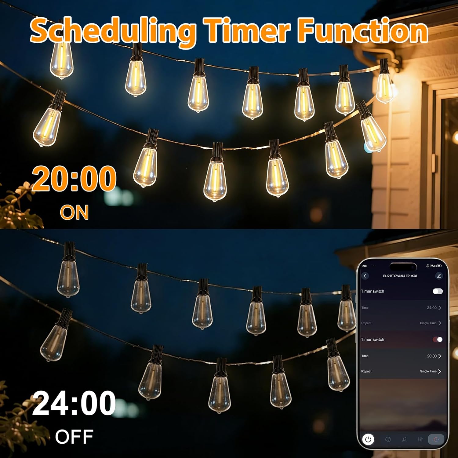 Smart Outdoor String Lights, 100FT ST38 LED Patio Lights with Timer Remote APP Control, 42 Shatterproof LED Bulbs (2 Spare), Dimmable Waterproof Hanging Light for Backyard Porch Party Decor