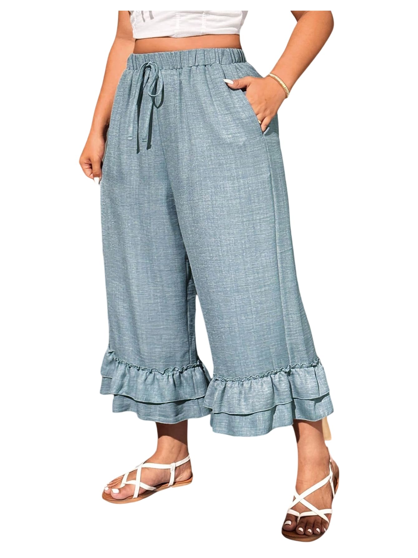 Verdusa Womens Plus Size Ruffle Wide Leg Capri Pants Casual Tiered Layered Capris with Pockets