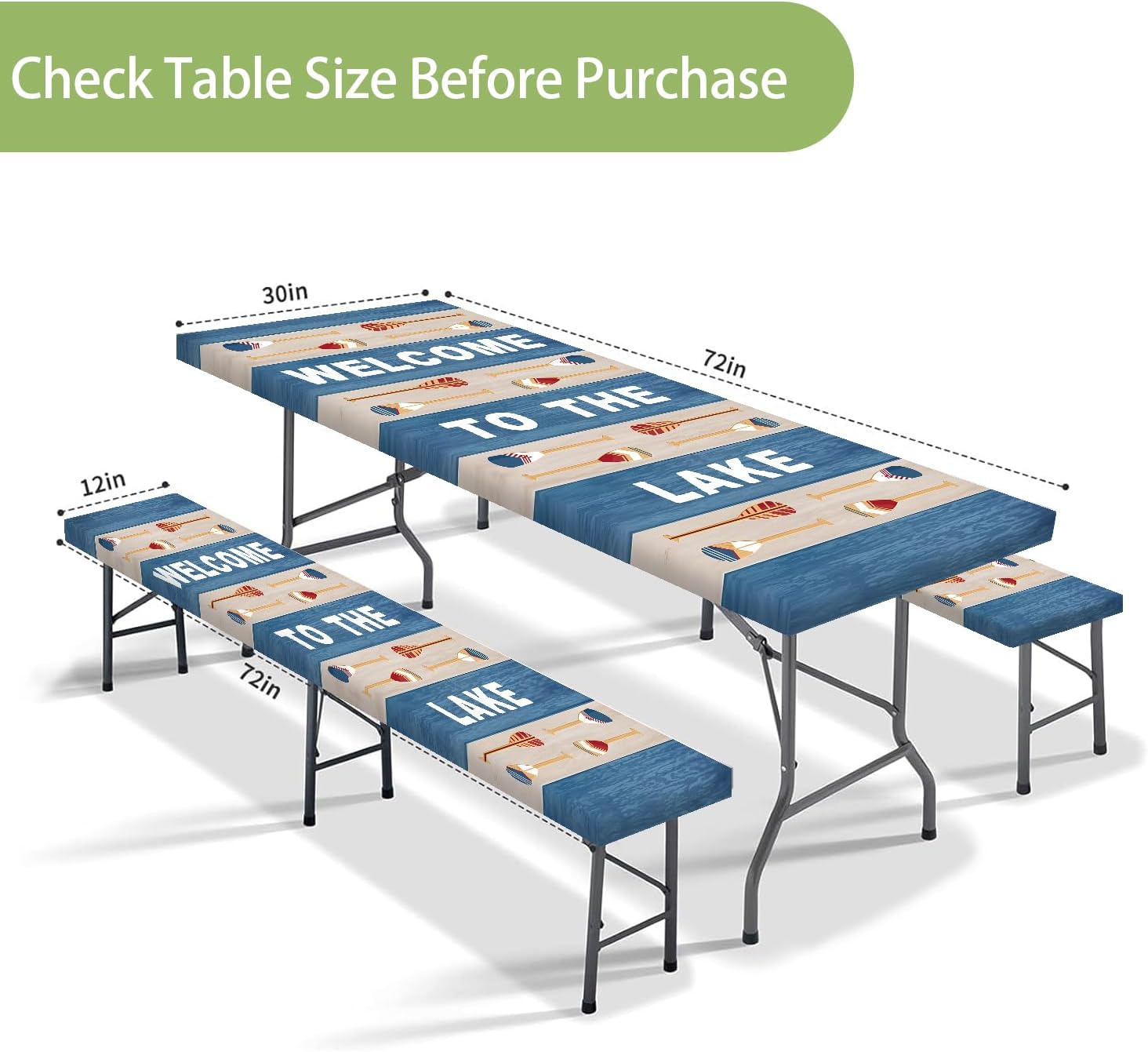 DYNH Picnic Table Cover with Bench Covers,Boat Paddle House Theme Decor,Welcome to The Lake Tablecloths,for 6 Ft Rectangle Tables and Seats,with Drawstring Bag(30x72 Inches) image 2