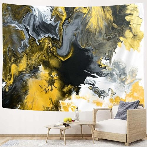 Bzhilja Tapiz de mármol, arte abstracto de pared negro dorado, tapiz vintage blanco, gris, amarillo, tapiz para colgar en la pared, psicodélico,
