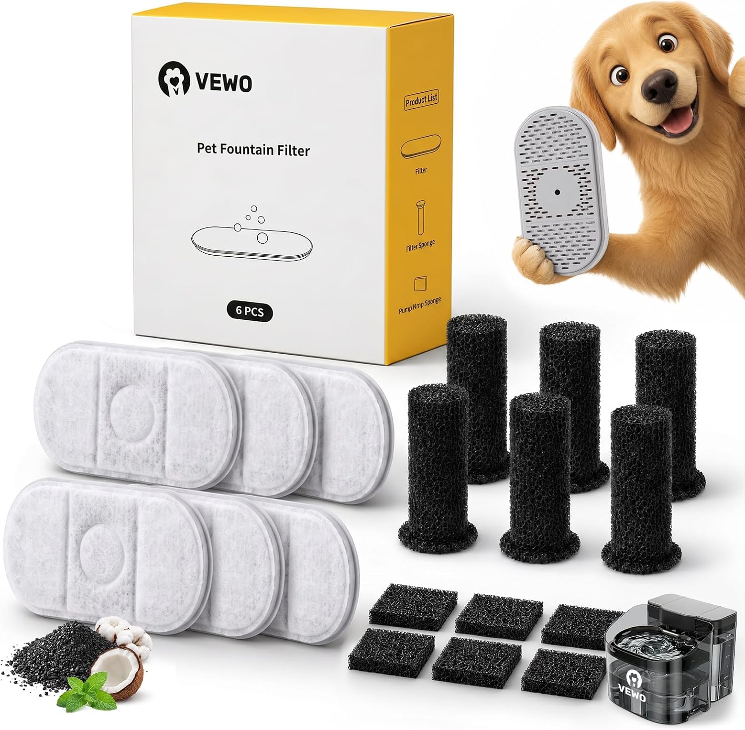 6-Pack Replacement Filter Set for 11L Large Dog Water Fountain - Includes 6 Filters, 6 Sponges and 6 Pump Sponges, Multi-Layer Filtration for Cleaner, Fresher Drinking Water