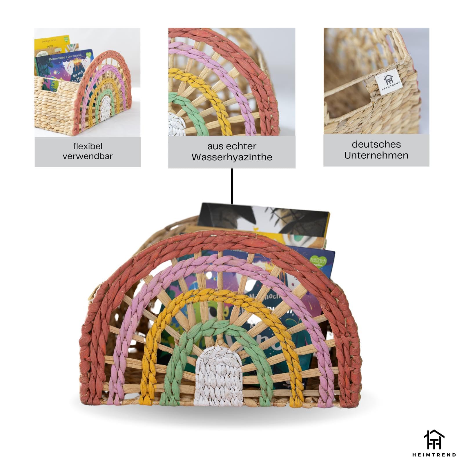 Cesto portaoggetti intrecciato, giacinto d'acqua, per soggiorno, cameretta dei bambini, camera da letto, giornali, libri, arcobaleno