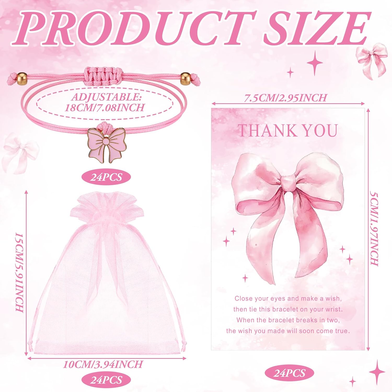 24 Sets 72 Pcs Galentines Day Coquette Pink Bow Bracelets Gift Bulk Pink Bow Party Favors Bowknot Braid String Bracelets for Women Cute Valentines Jewelry Gifts for Cheer Team Friends Birthday - Image 4