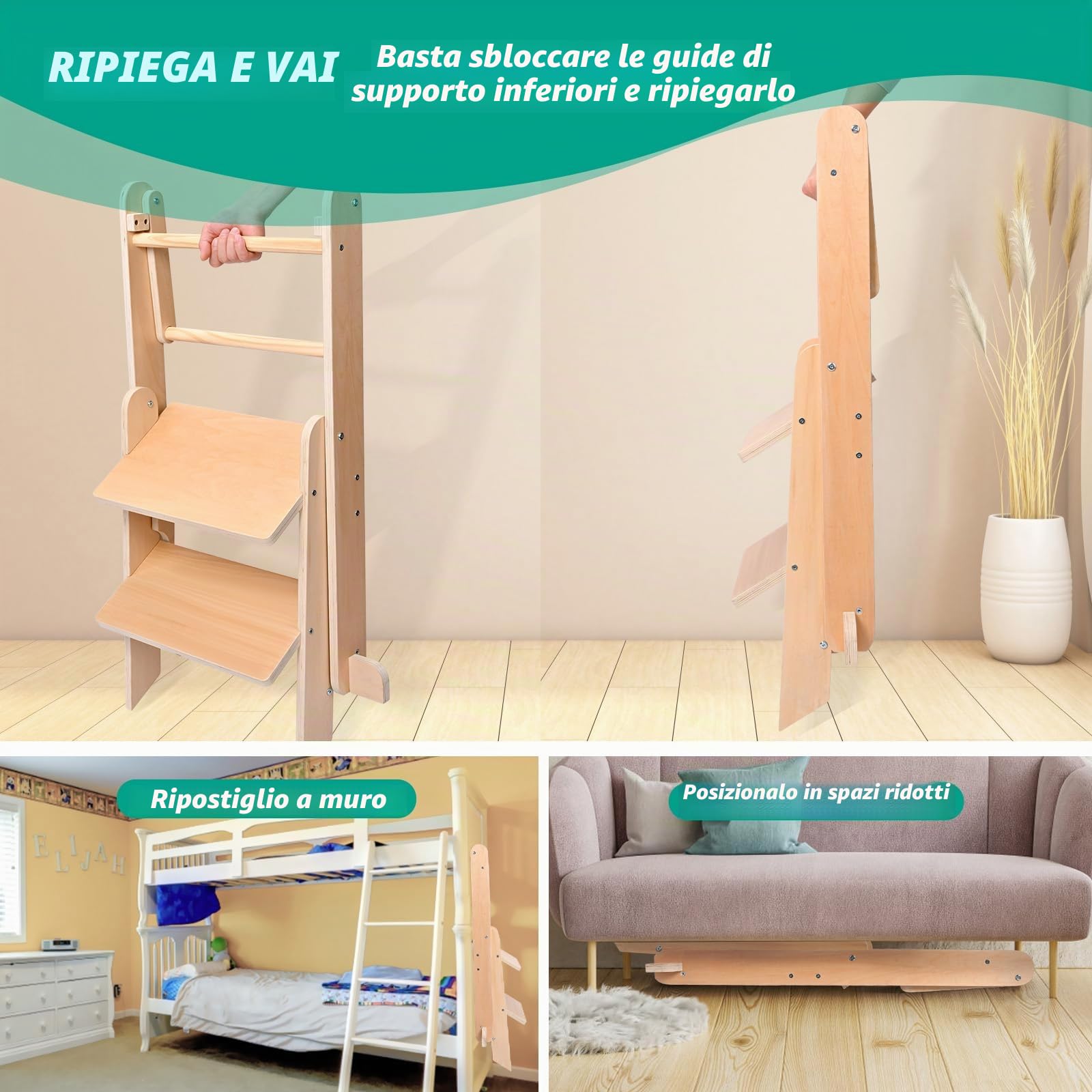 Torre Montessoriana Bambini, Torre di Apprendimento Pieghevole, Torre Montessoriana Regolabile in Altezza (2 Livelli), Capacità di carico 50 kg con Base Antiscivolo per 1-6 Anni (Legno Naturale)