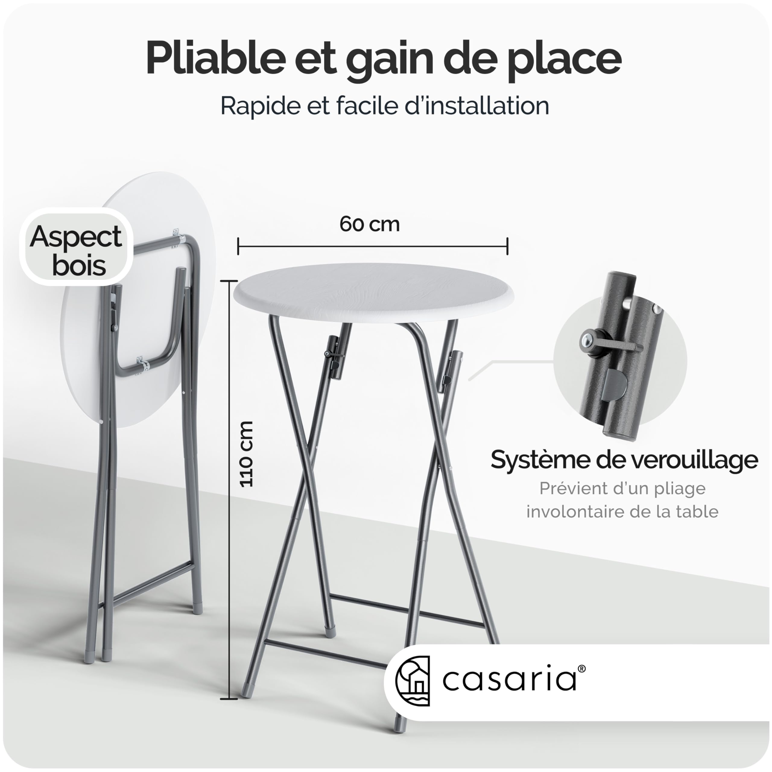 Casaria® Table Haute Pliante Blanche Table de Bar Ø 60cm Mange-Debout Rond Table de bistrot Jardin terrasse Balcon
