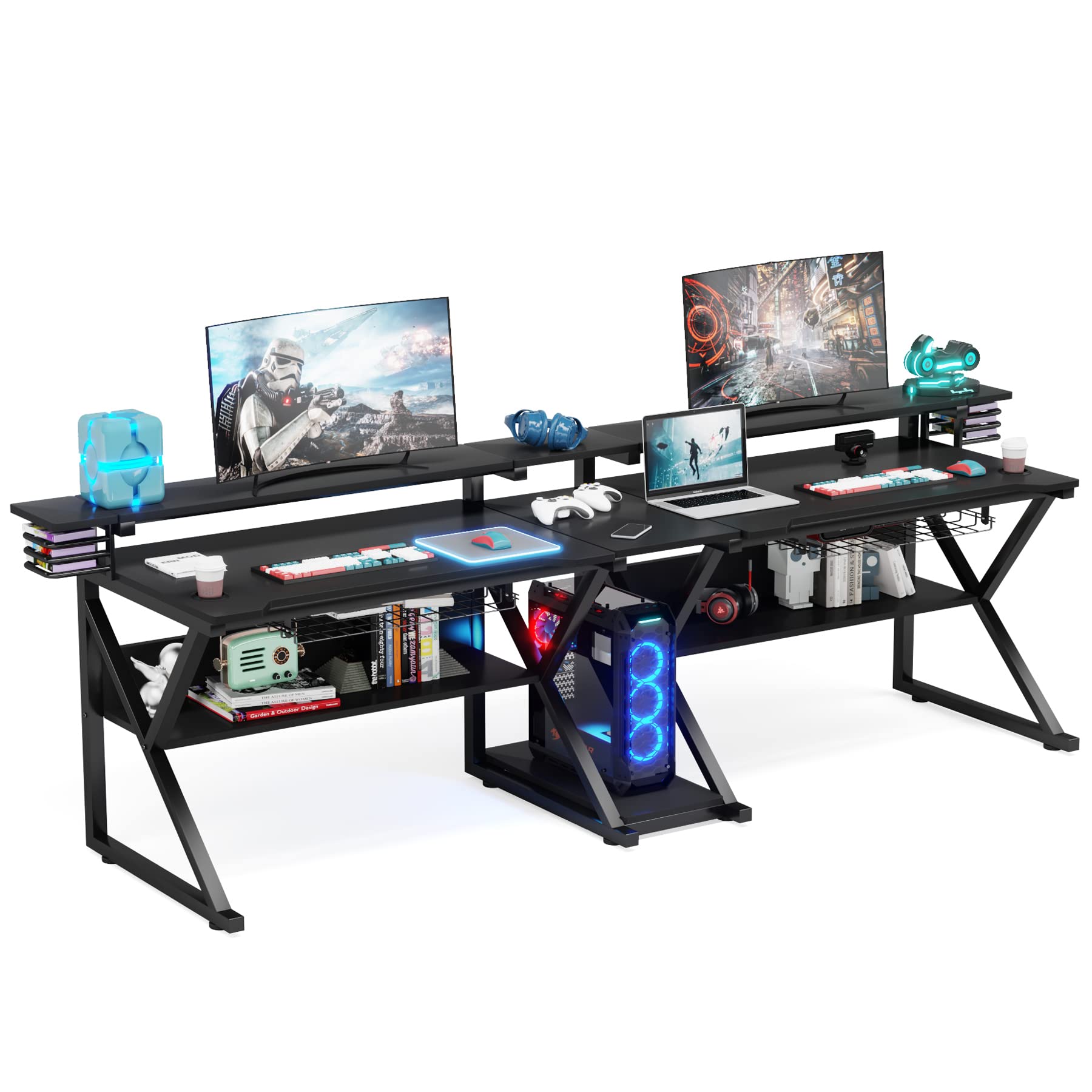 Tribesigns 102 Inch Double Gaming Desk with Monitor Stand Riser, Large Two Person Computer Desk with Shelves, Gamer Table with Cup Holders, Black