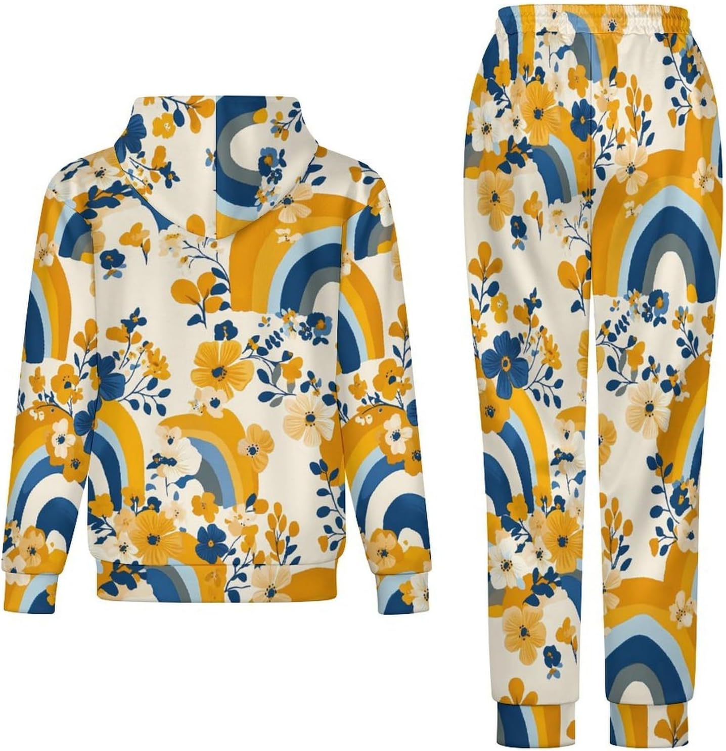 Rainbow And Floral Men's Hooded Set Casual 2 Pieces Suits Pullover Tracksuit Hoodies And Sweatpants