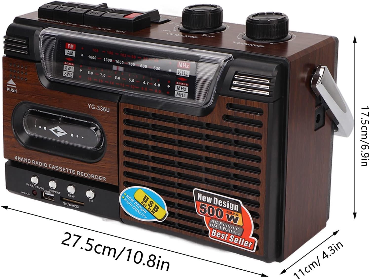 Retro Portable Cassette Player with AM/FM Radio,USB & TF Support,HeadphoneIdeal for Elderly,Kids Home Entertainment (US Plug)