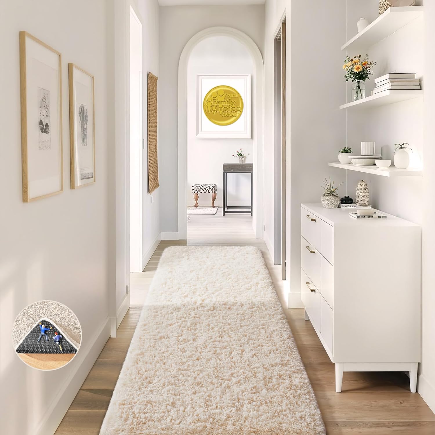 Ophanie Runner Rug for Hallway, 2x6 Upgrade Non-Slip Fluffy Soft Bedside Rugs, Bedroom Living Room Ivory Shaggy Carpet for Kids Girls Boys Dorm Nursery Home Decor Aesthetic