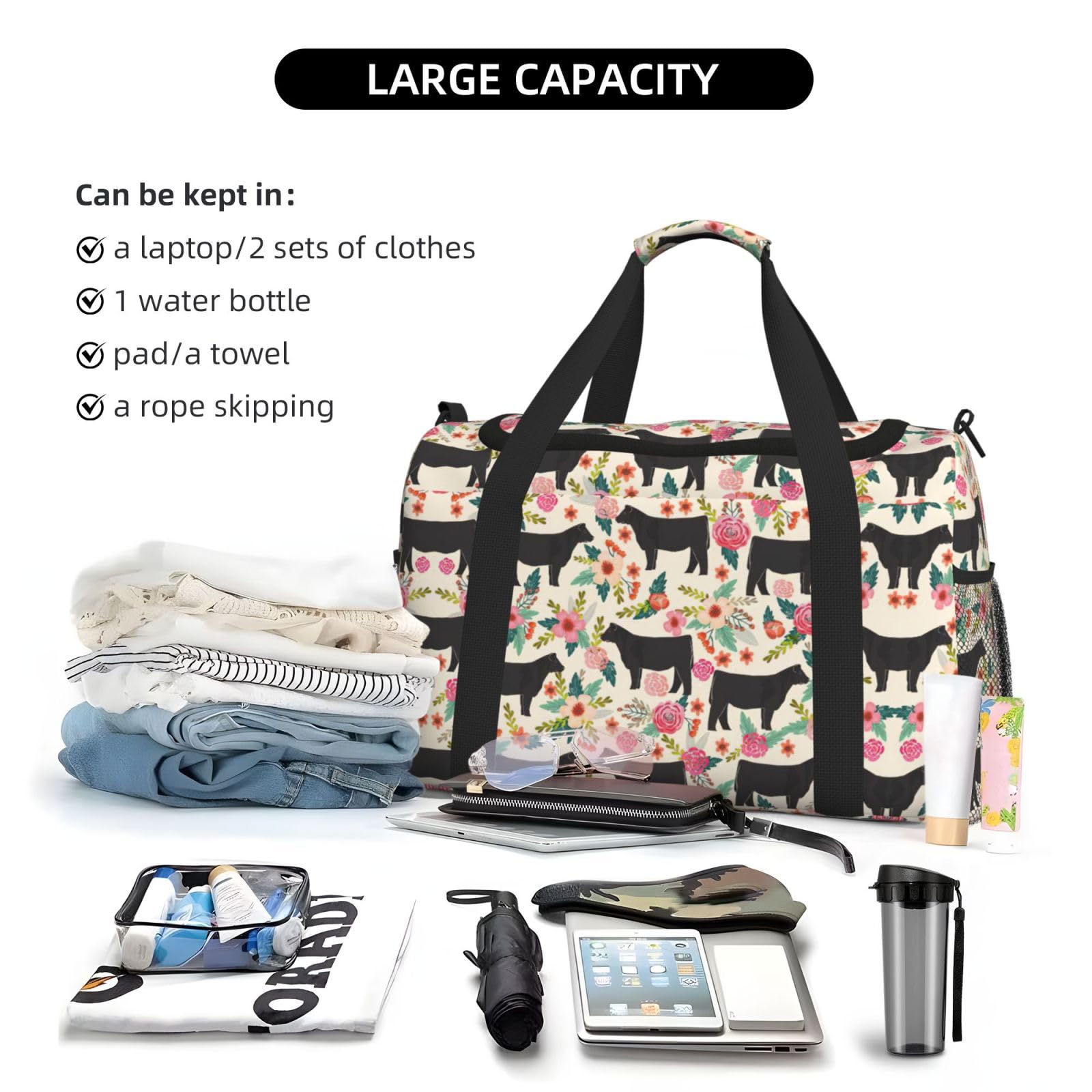 Pink Flower Show Steer Cows Bydło Podróżna torba sportowa Torba weekendowa Weekender Overnight Carry On Hand Bag Trening Sport Szpital