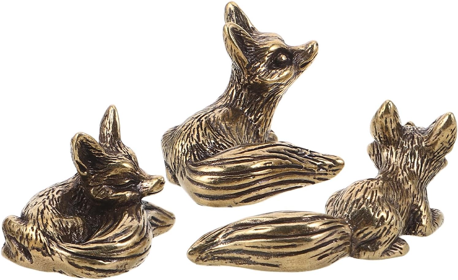 3pcs Brass Fox Figurine Solid Brass Animal Miniatures for Home Office Table Decor Tiny Vintage Figurines Playset