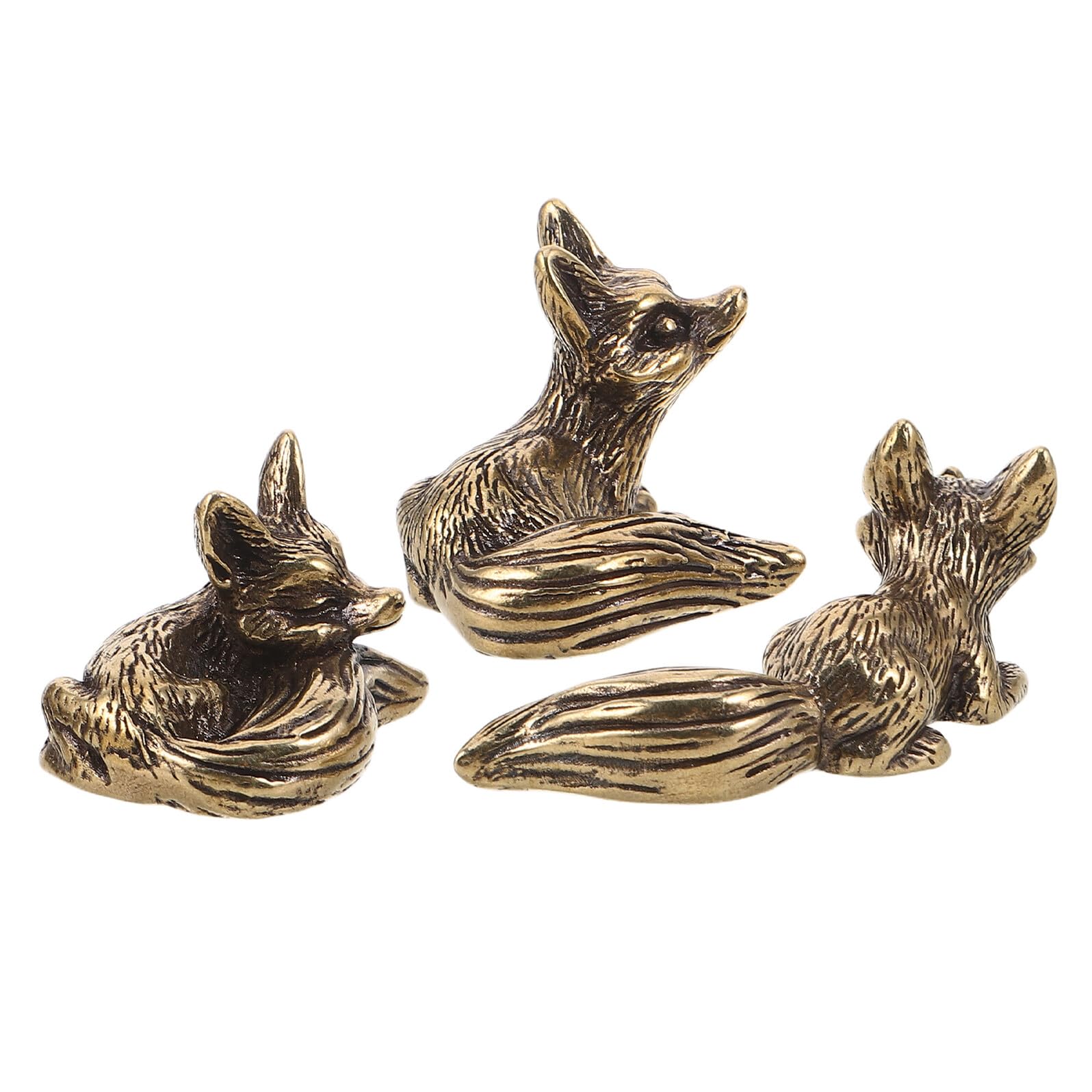 3pcs Brass Fox Figurine Solid Brass Animal Miniatures for Home Office Table Decor Tiny Vintage Figurines Playset
