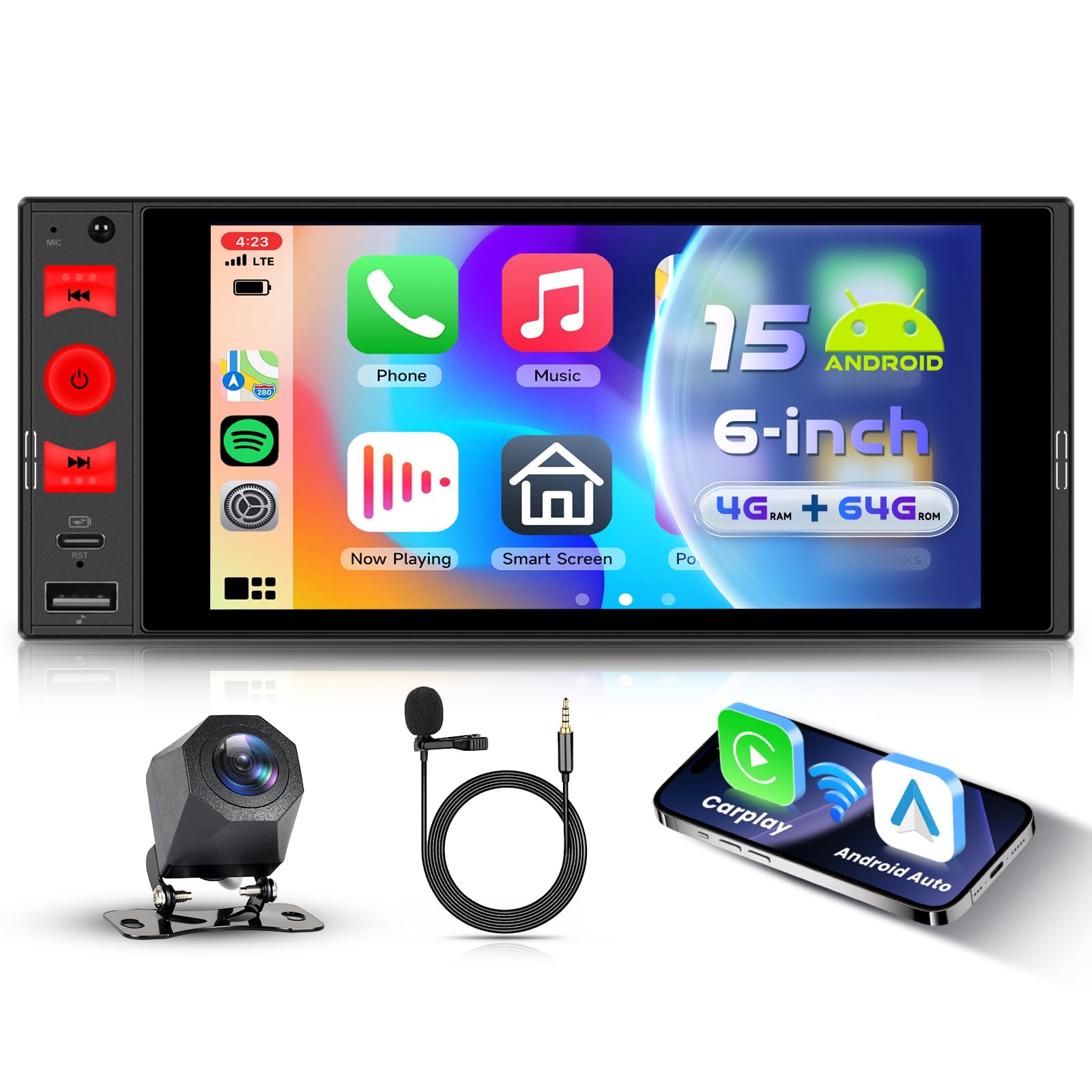 VECHTEL 4G+64G Android 15 Radio samochodowe 1 Din z bezprzewodowym samochodem Android Carplay, 6-calowy ekran dotykowy HD, obsługa Bluetooth 5.0 GPS Wi-Fi radio FM RDS łącze lustro USB/typ C kamera
