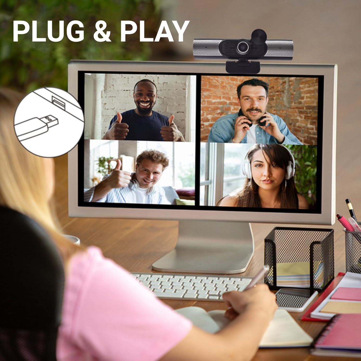 USB Webcam, 2K 30fps Auto Focusing Webcam with HiFi Speaker, Noise Reduction Mic for Desktop Laptop Video Chat, Plug and Play