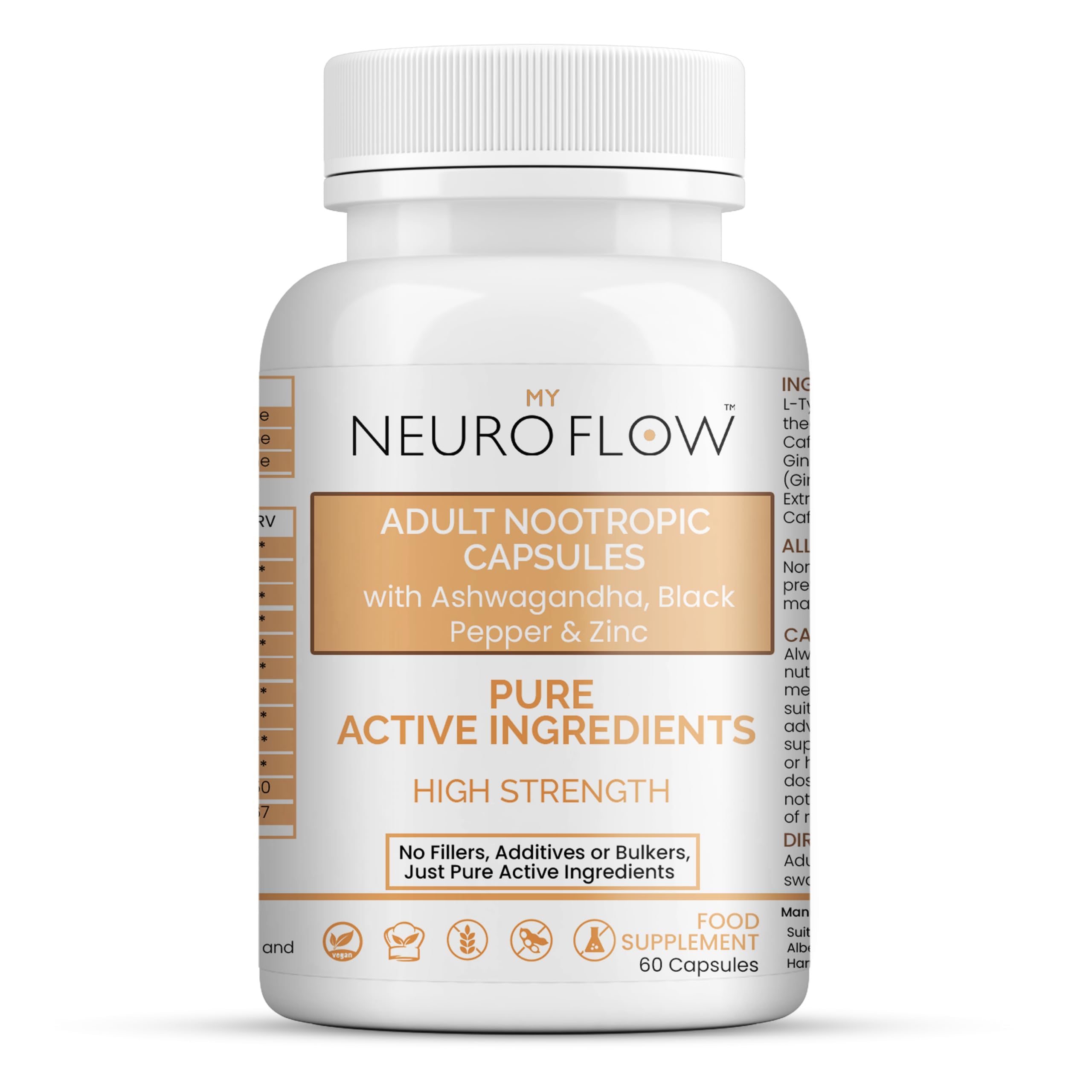 Nootropics Brain Supplement | No fillers, Additives or Bulkers, Pure Active Ingredients | Brain Health Supplement | Supports Cognitive and Mental Performance | 60 Capsules | Made in UK