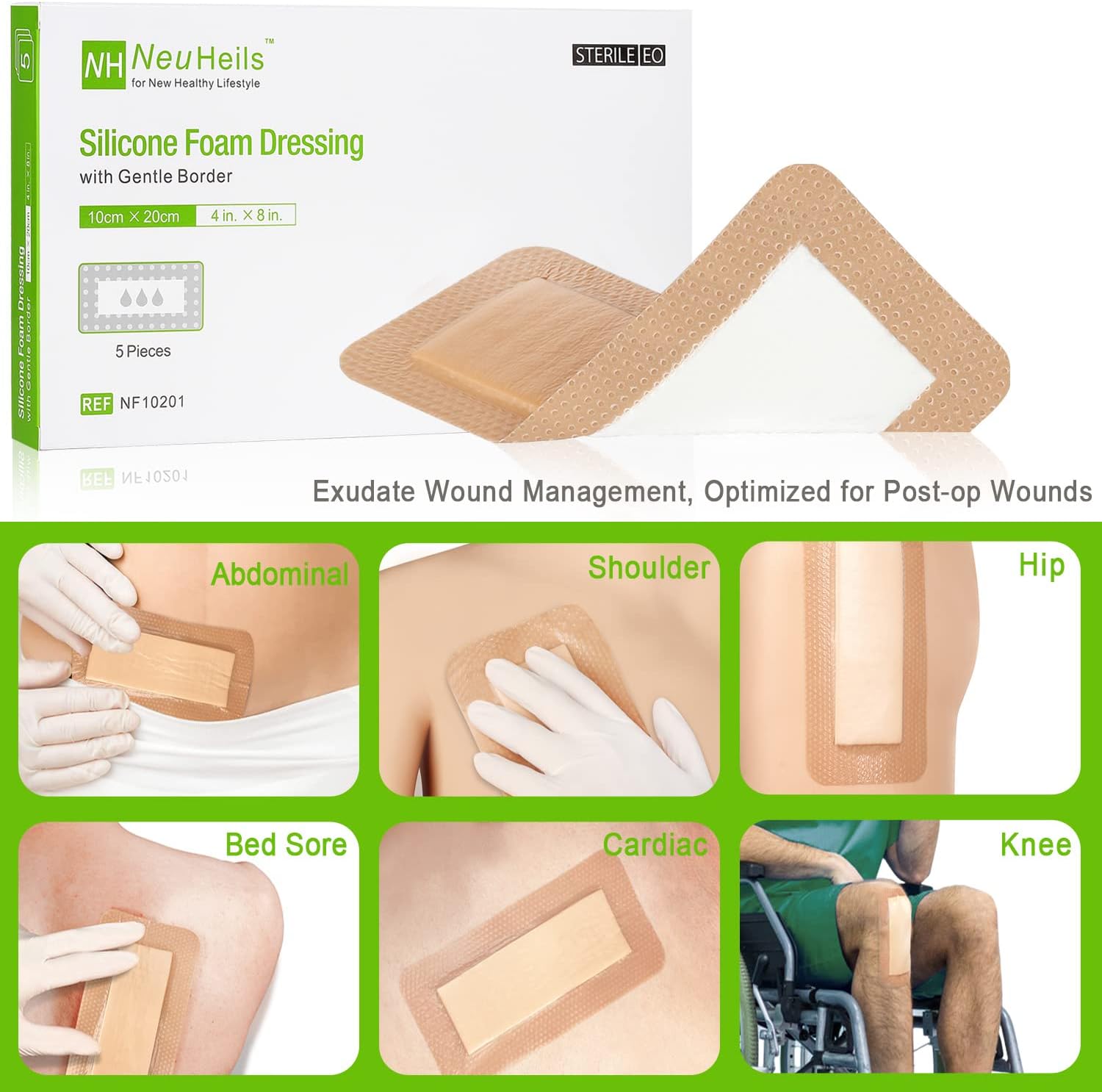 Silicone Foam Dressing with Gentle Border for Post-op Surgical Wounds 4''x8'', Absorbent Pad 2''x6'', Pack of 5, Silicone Wound Bandages for Cuts, Abrasions, Bed Sore, Pressure Ulcer - Image 6