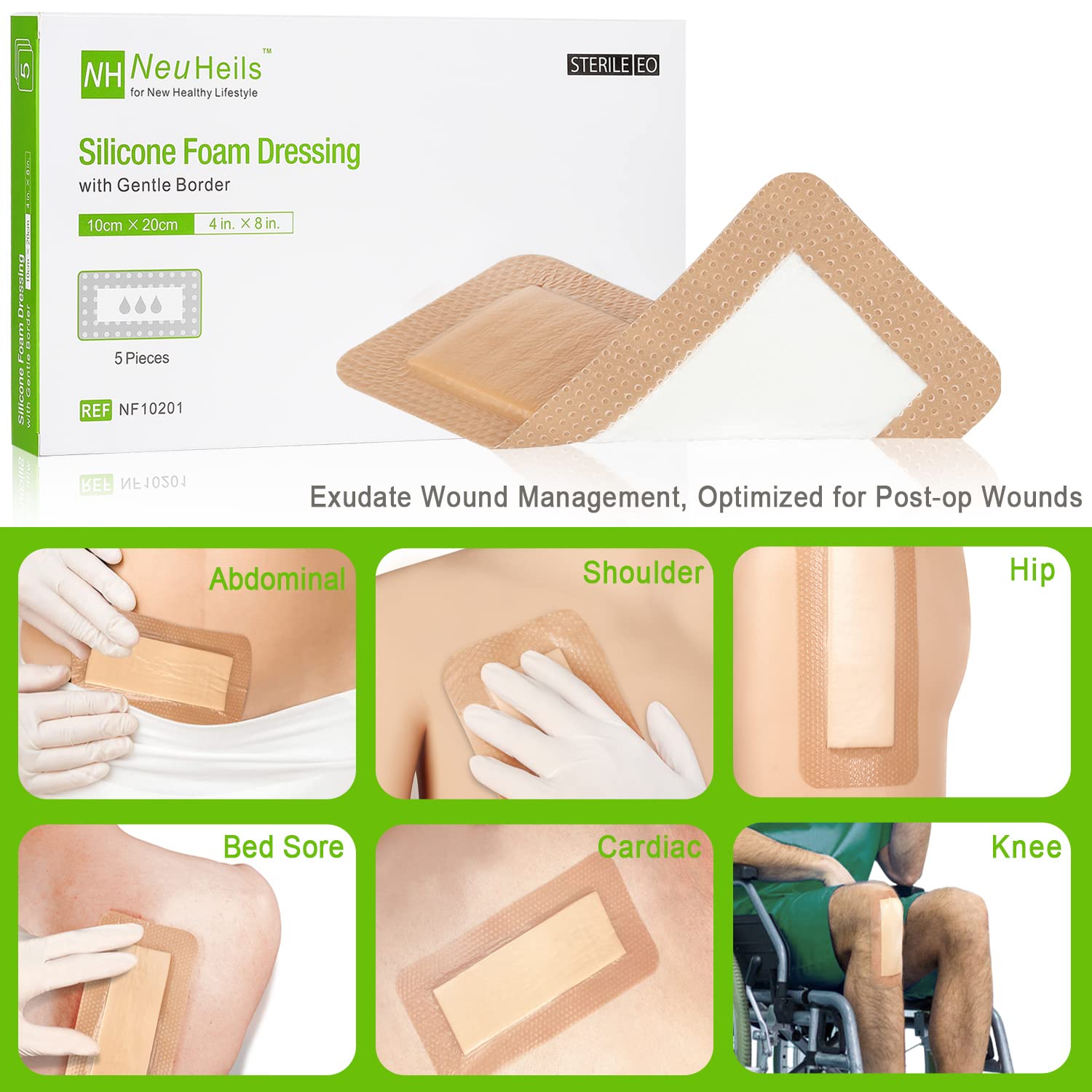 NeuHeils Silicone Foam Dressing with Border 4 x 8 Inch, 5 Pack Latex Free — Amazon image 6