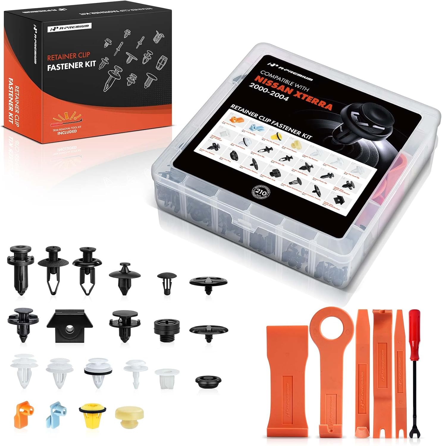 A-Premium 210Pcs 41.12 oz Nylon Front Bumper Retainer Clips Fender Fasteners Door Trim Panel Push-Type Hood Auto Push Pin Plastic Rivets Kit Compatible with Nissan Xterra 2000-2004, with Removal Tool