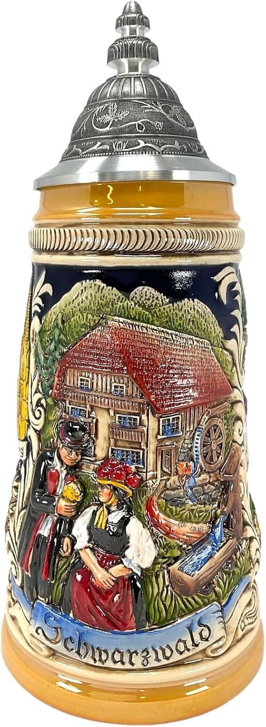 German Beer Stein Black Forest Schwarzwald 0.5L Mug with Pewter Lid Made in Germany