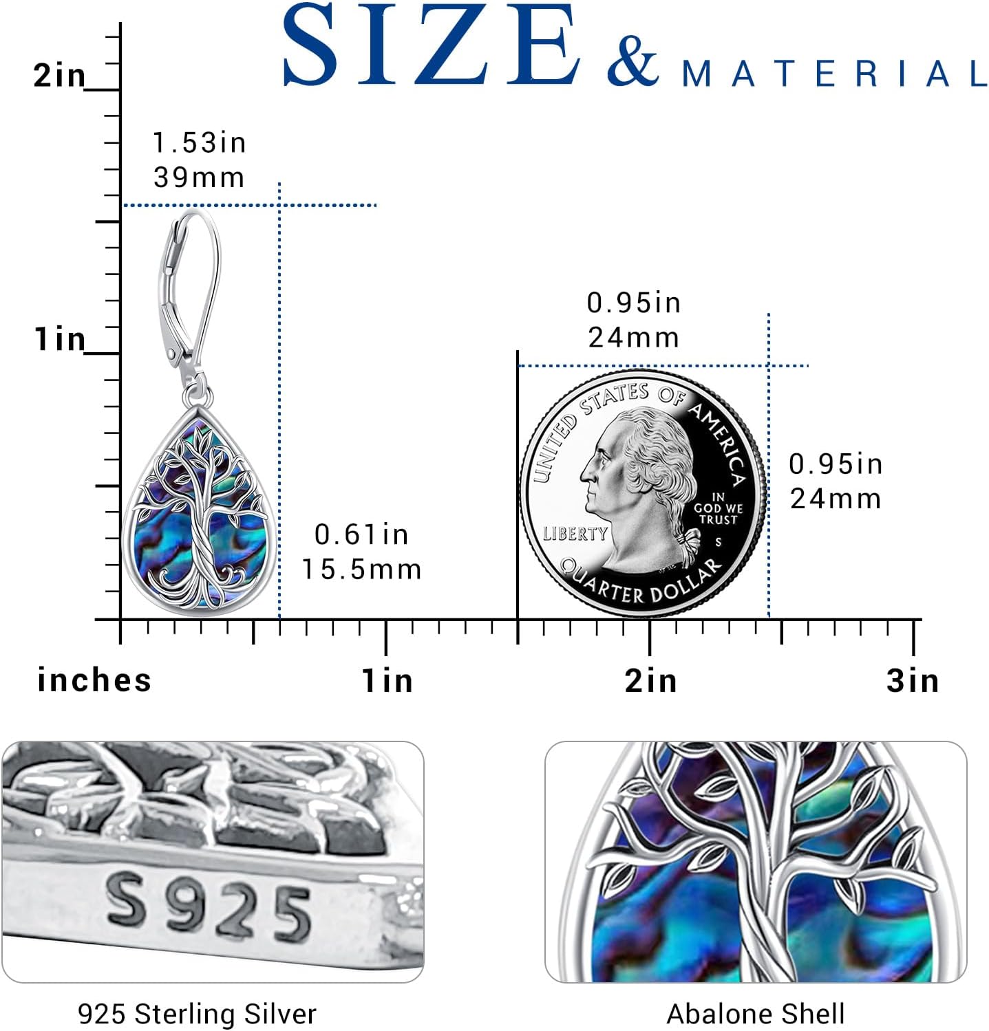 Eusense Sterling Silver Earrings for Women Moonstone/Turquoise/Abalone Shell/Tree of Life/Animals Dangle Leverback Earrings Jewelry - Image 2