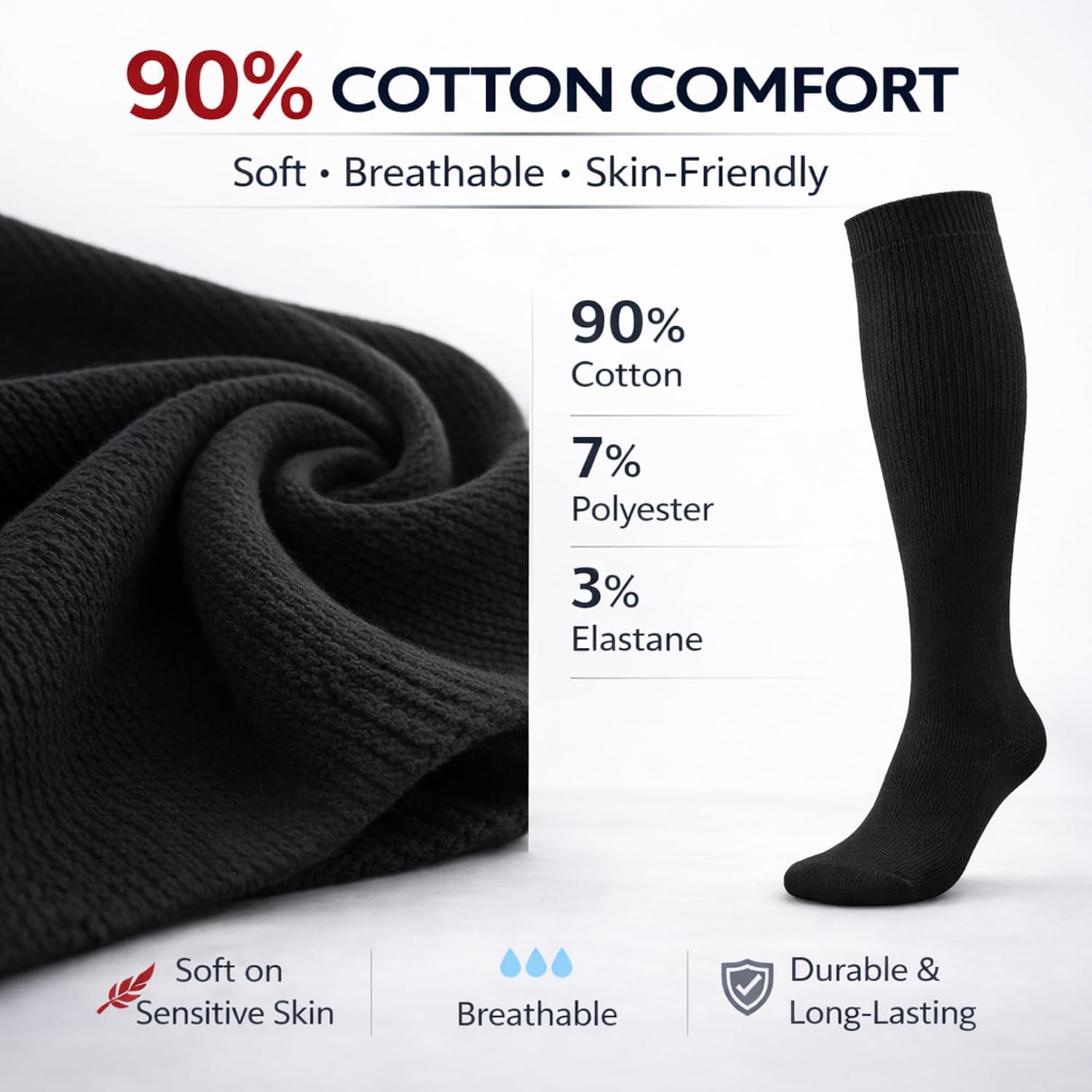 Diamond Star 2 Pairs Diabetic Knee High Socks for Men, Over the Calf | Non-Binding Cotton Socks, Comfortable Fit, Men's Shoe Sizes (US, Alpha, Large, Regular, 2 Pairs Black)