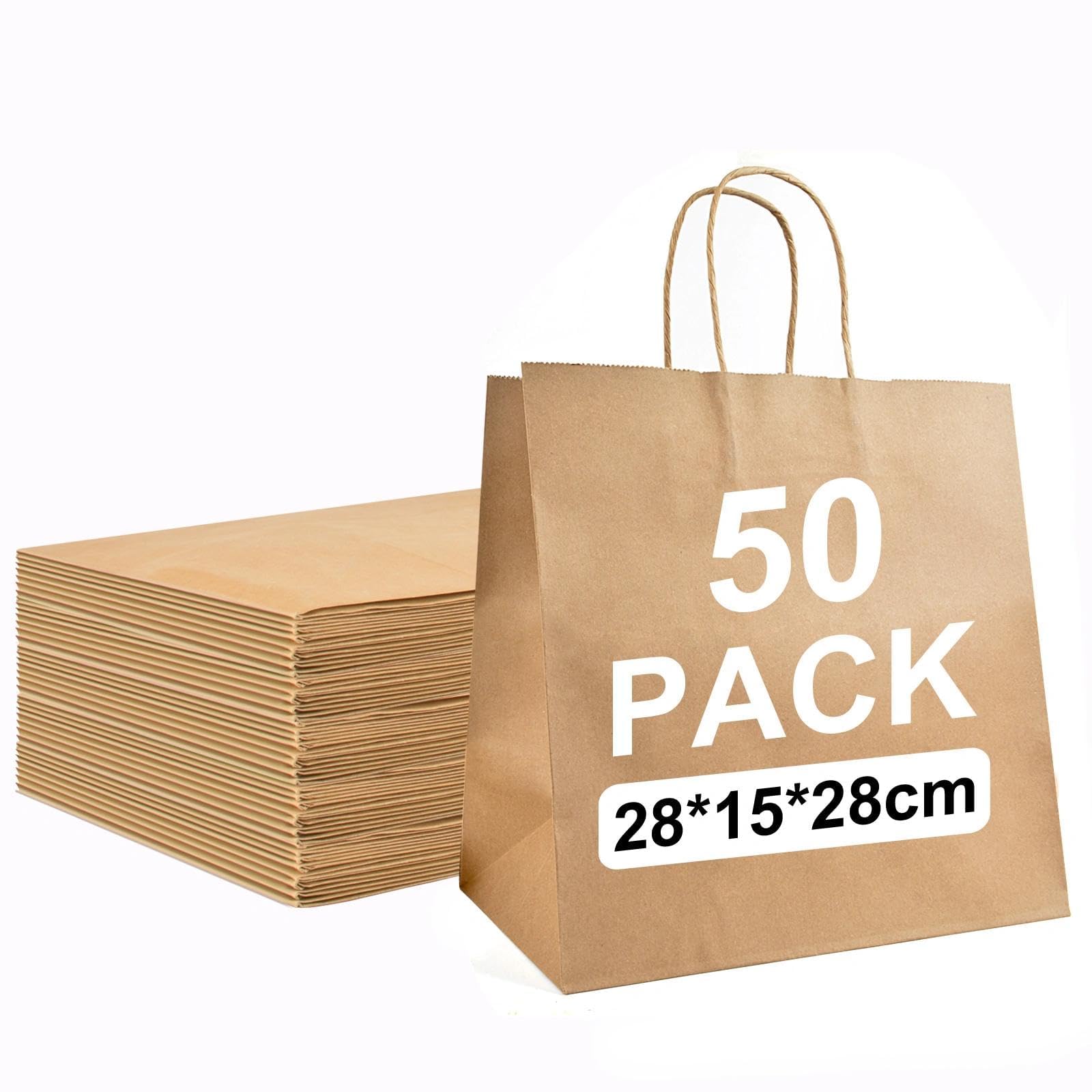 50 Pcs Brown Paper Bags With Handles, 130GSM(28×15×28cm), Heavy-Duty Kraft Carrier Bags for Grocery, Retail & DIY Projects